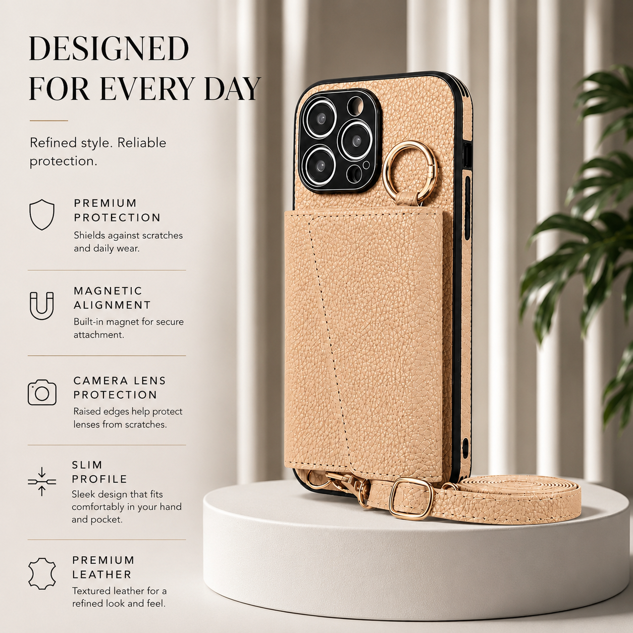 Premium iPhone Case MagSafe Compatible Crossbody Wallet Protective Cover PU Leather Card Holder Ring Stand Adjustable Strap Shockproof Full Body Design