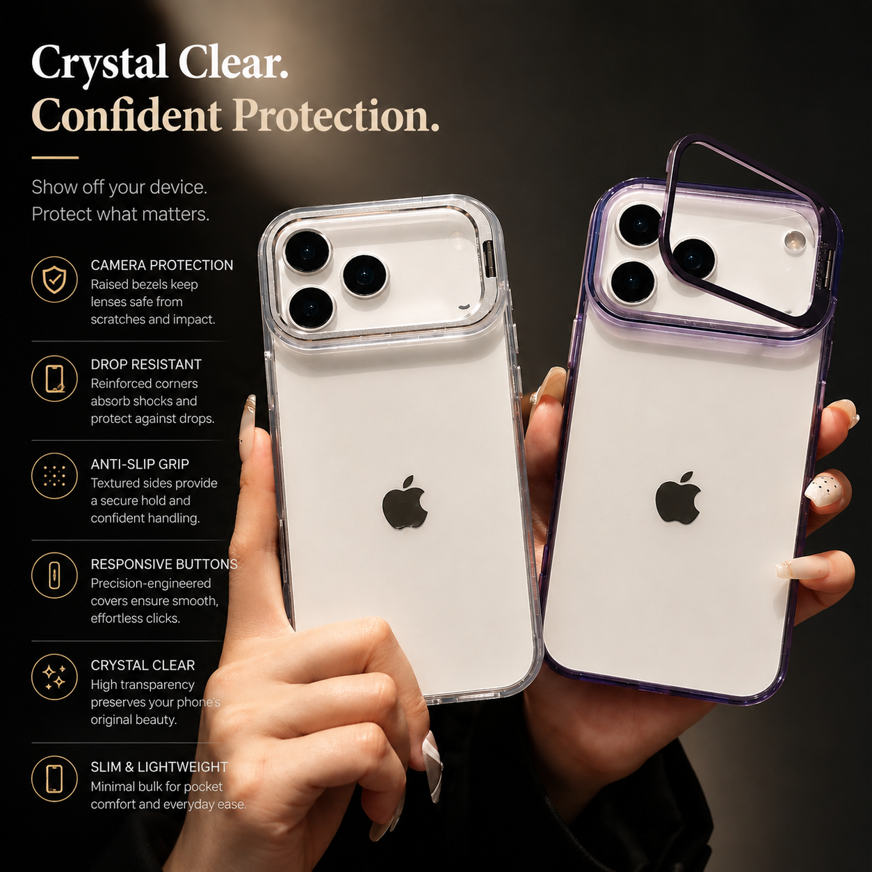 Premium iPhone Case MagSafe Compatible Crystal Clear PC Bumper with Camera Lens Stand Shockproof TPU Protective Cover Anti Scratch Slim Design