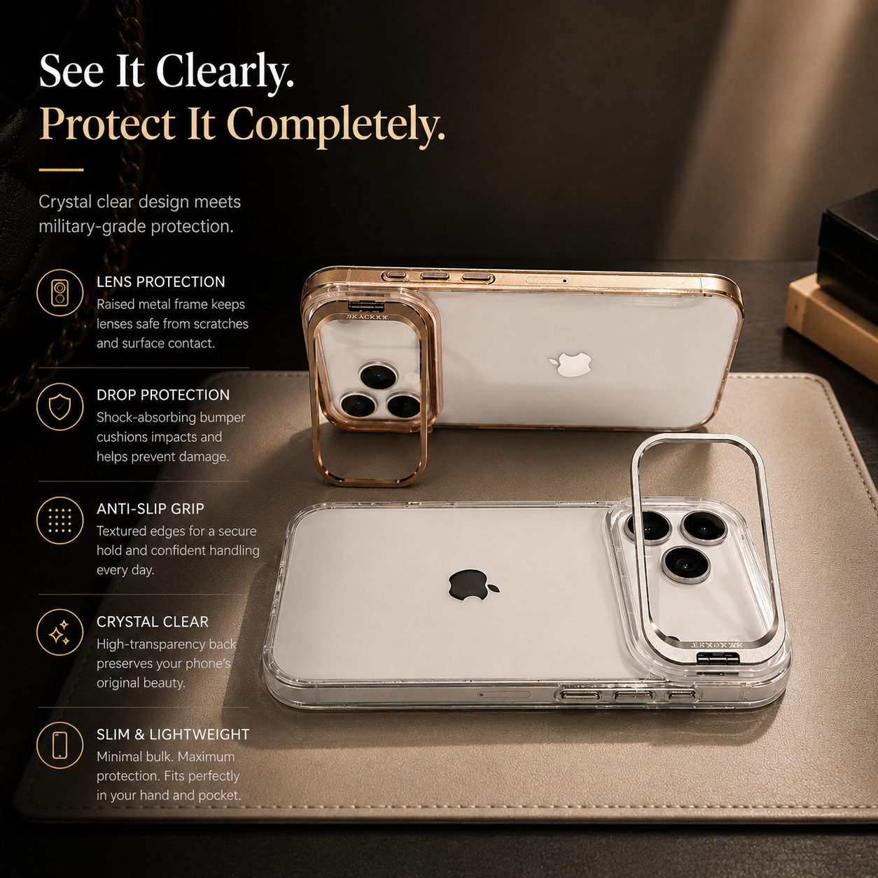 Premium iPhone Case MagSafe Compatible Crystal Clear PC Bumper with Camera Lens Stand Shockproof TPU Protective Cover Anti Scratch Slim Design