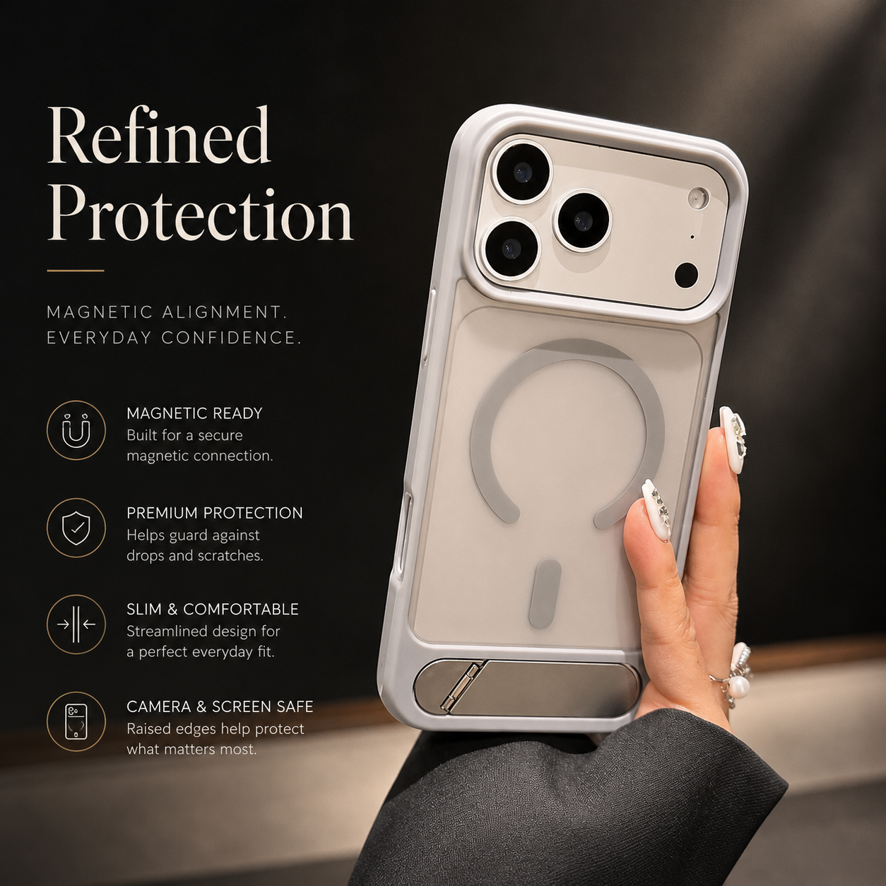 Premium iPhone Case MagSafe Compatible Foldable Stand Holder Matte PC Cover Shockproof Anti Fingerprint Magnetic Ring Non Slip Slim Protective Design