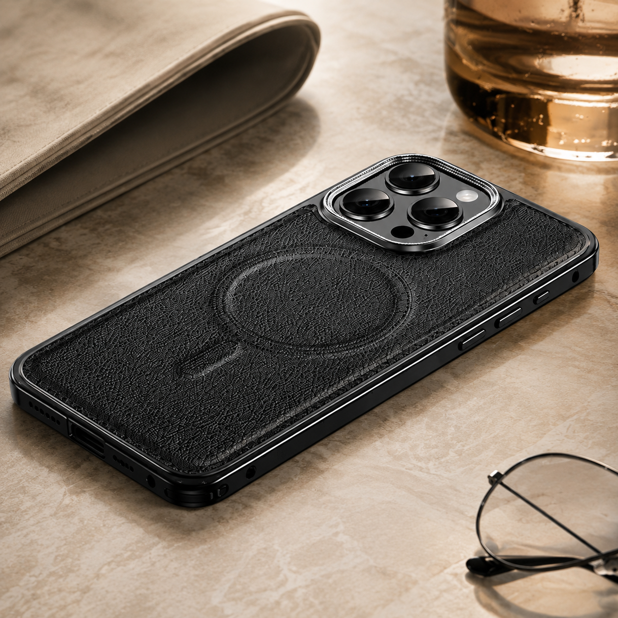 Premium iPhone Case MagSafe Compatible Leather Backplate Aluminum Alloy Frame Shockproof Protective Cover Wireless Charging Slim Luxury Design