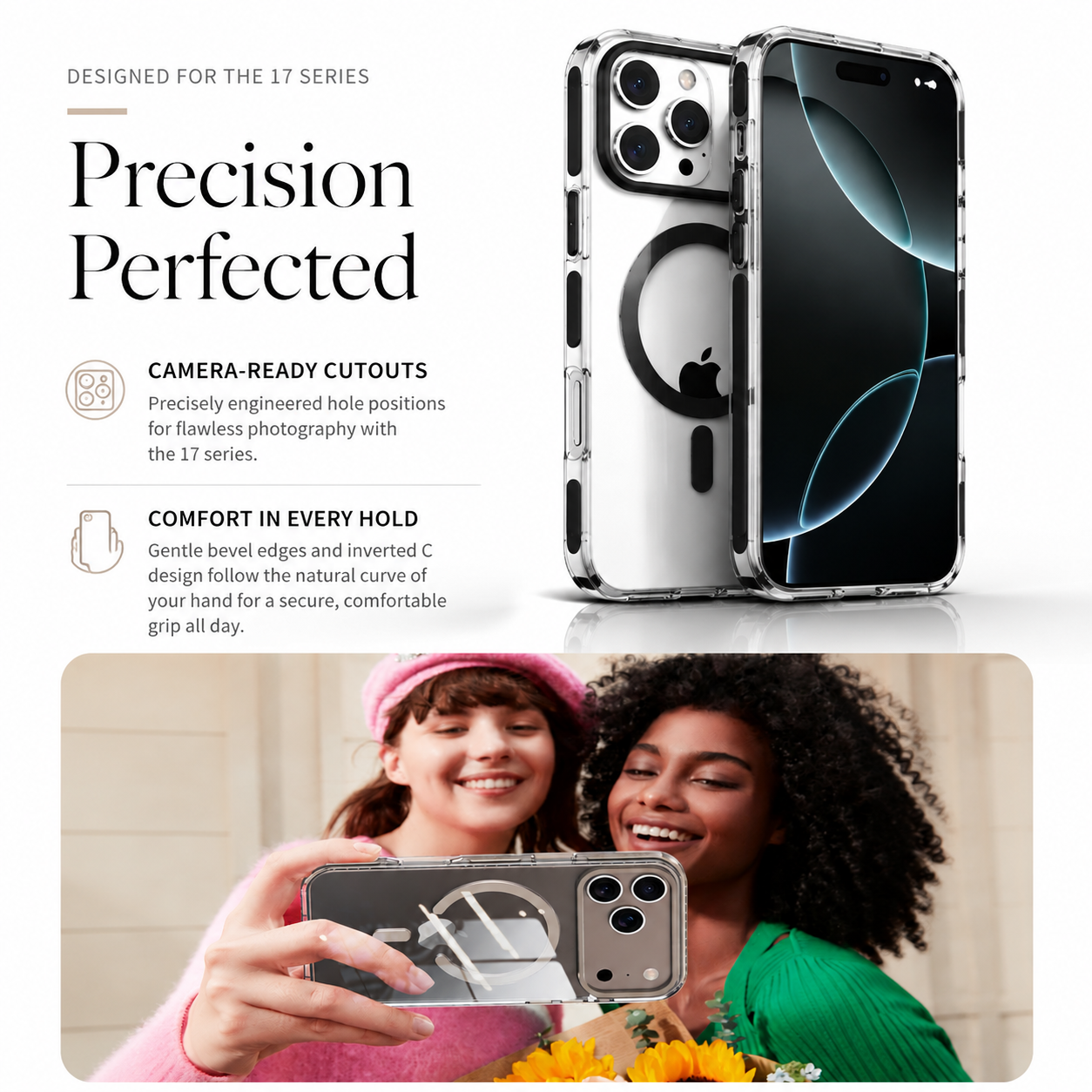 Premium iPhone Case MagSafe Compatible Magnetic Clear Cover PE Striped Border PC Back Camera Lens Protection Slim Full Coverage