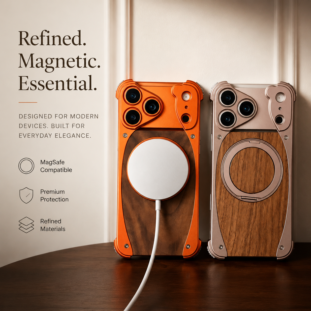 Premium iPhone Case MagSafe Compatible Magnetic Metal Frame Walnut Wood Cover 360 Rotating Ring Stand Shockproof Camera Protection Slim Design