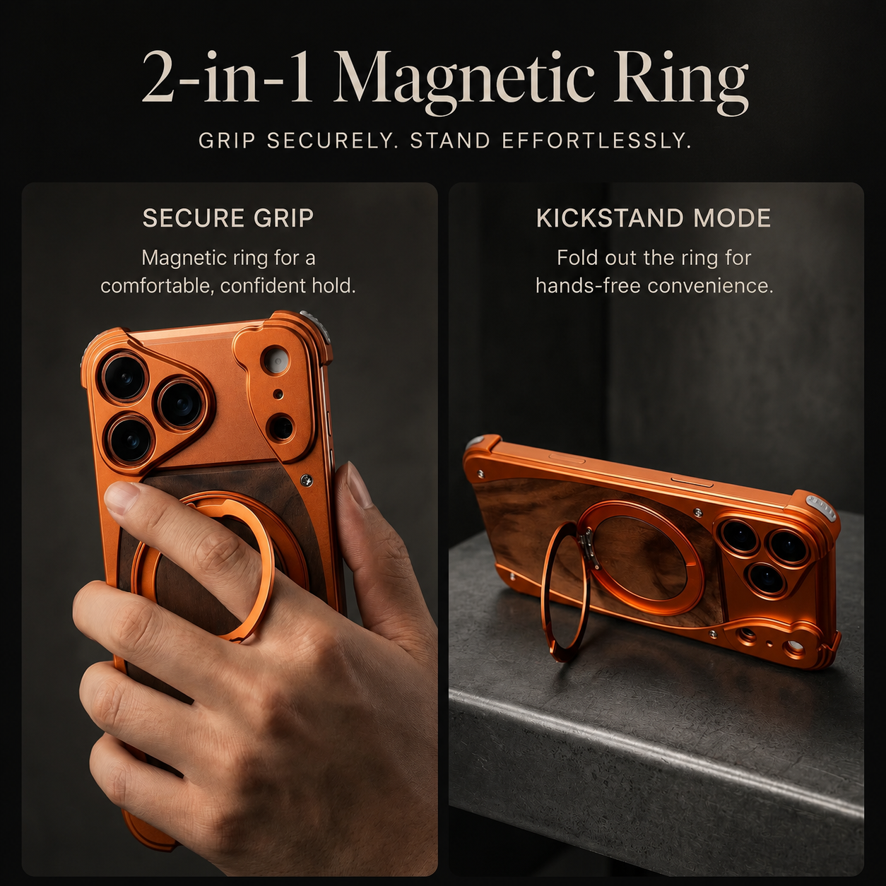 Premium iPhone Case MagSafe Compatible Magnetic Metal Frame Walnut Wood Cover 360 Rotating Ring Stand Shockproof Camera Protection Slim Design
