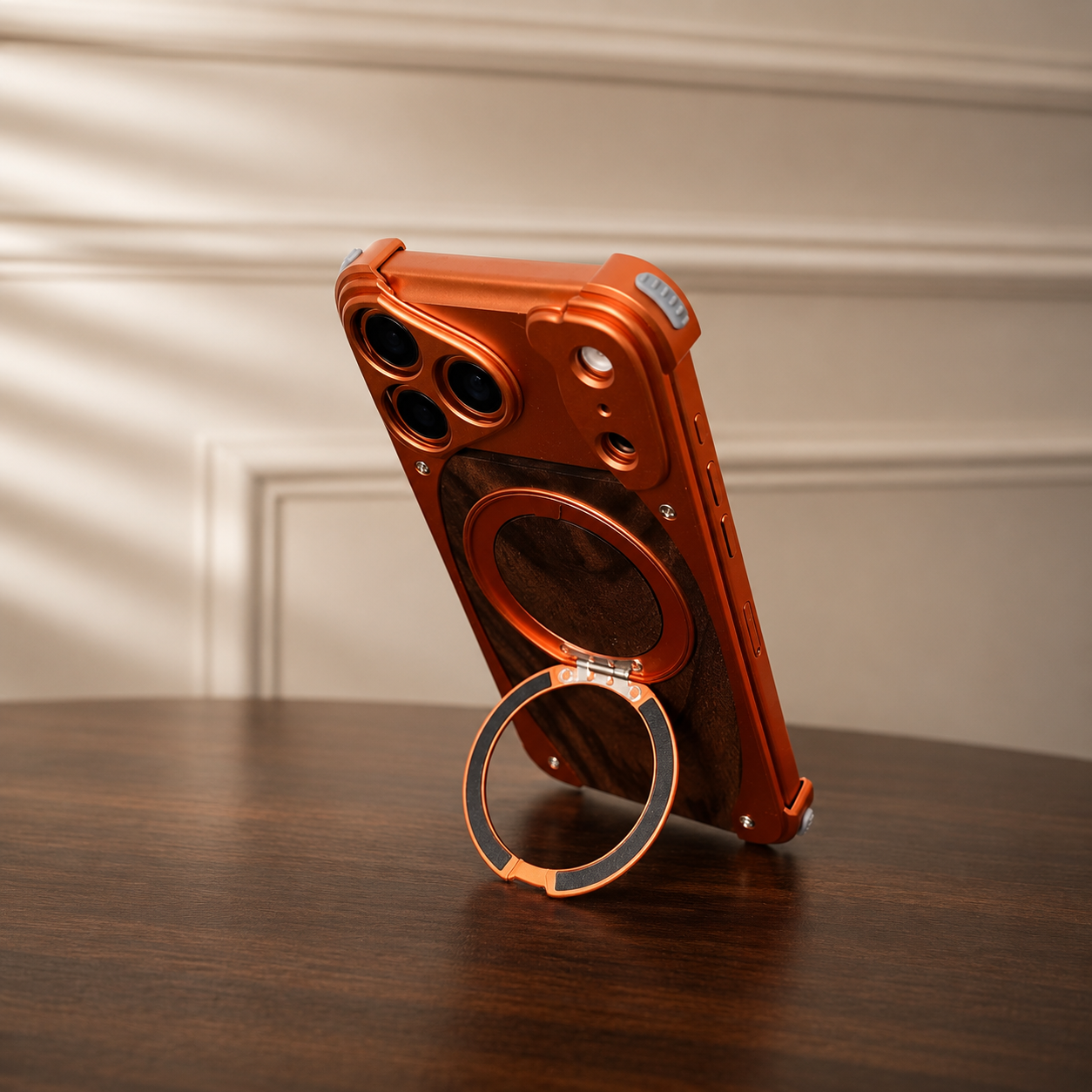 Premium iPhone Case MagSafe Compatible Magnetic Metal Frame Walnut Wood Cover 360 Rotating Ring Stand Shockproof Camera Protection Slim Design