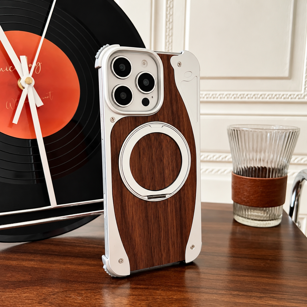 Premium iPhone Case MagSafe Compatible Magnetic Metal Frame Walnut Wood Cover 360 Rotating Ring Stand Shockproof Camera Protection Slim Design