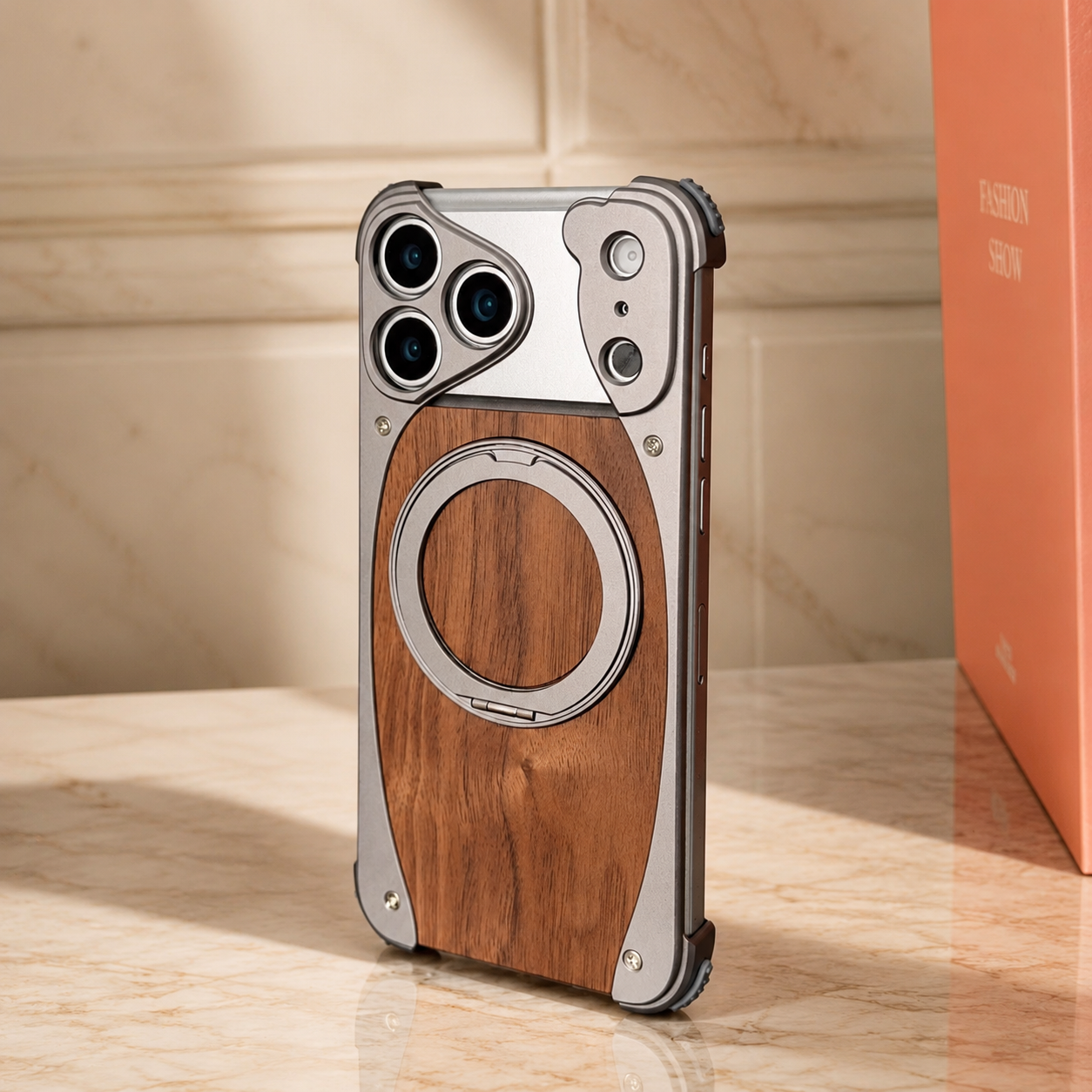 Premium iPhone Case MagSafe Compatible Magnetic Metal Frame Walnut Wood Cover 360 Rotating Ring Stand Shockproof Camera Protection Slim Design