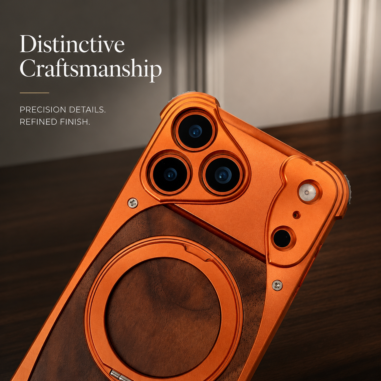 Premium iPhone Case MagSafe Compatible Magnetic Metal Frame Walnut Wood Cover 360 Rotating Ring Stand Shockproof Camera Protection Slim Design