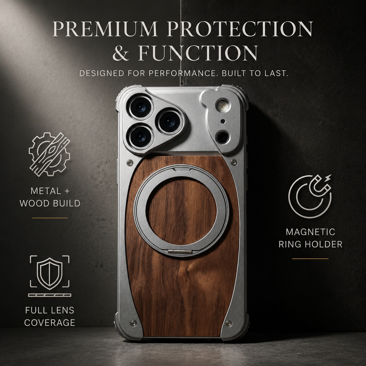 Premium iPhone Case MagSafe Compatible Magnetic Metal Frame Walnut Wood Cover 360 Rotating Ring Stand Shockproof Camera Protection Slim Design