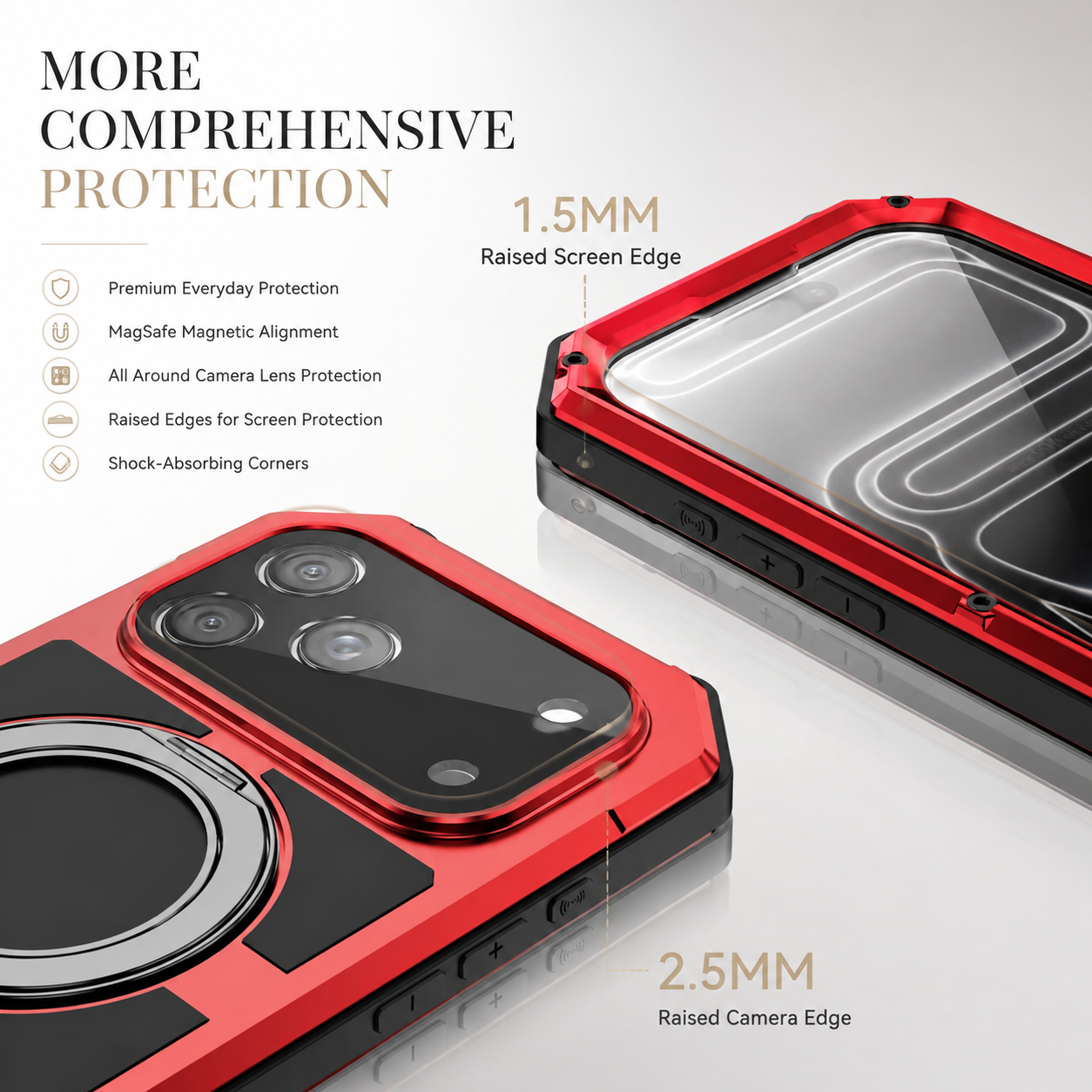 Premium iPhone Case MagSafe Compatible Magnetic Protective Cover Aluminum Armor Frame Built-in Kickstand Glass Screen Protector Shockproof Full Body Design