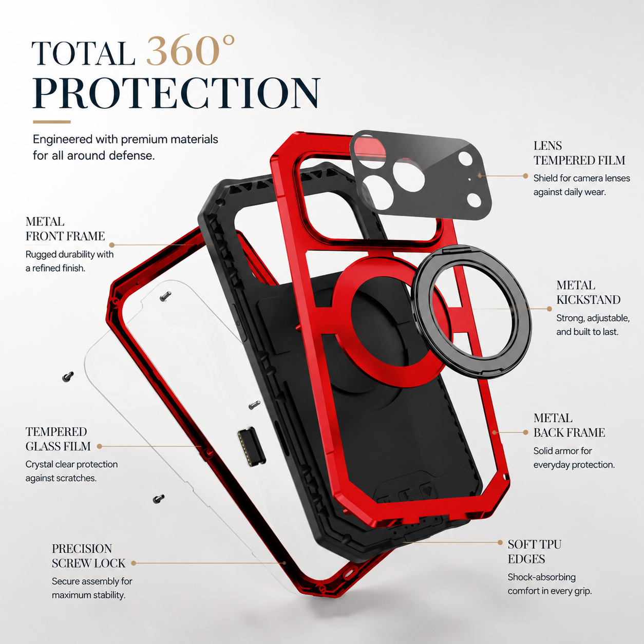 Premium iPhone Case MagSafe Compatible Magnetic Protective Cover Aluminum Armor Frame Built-in Kickstand Glass Screen Protector Shockproof Full Body Design