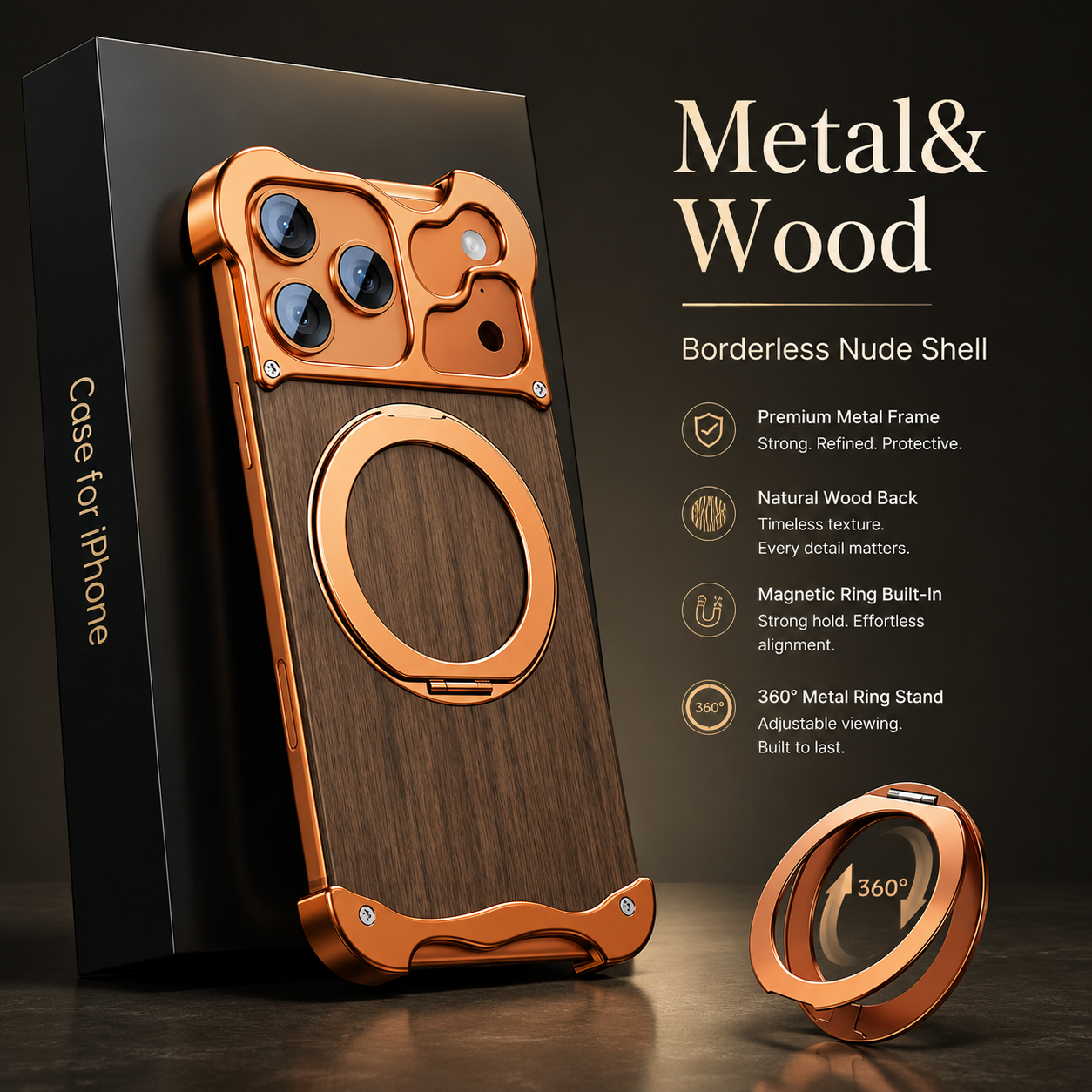 Premium iPhone Case MagSafe Compatible Magnetic Protective Cover Wood Back Aluminum Frame 360° Rotating Ring Stand Shockproof Camera Lens Guard Design