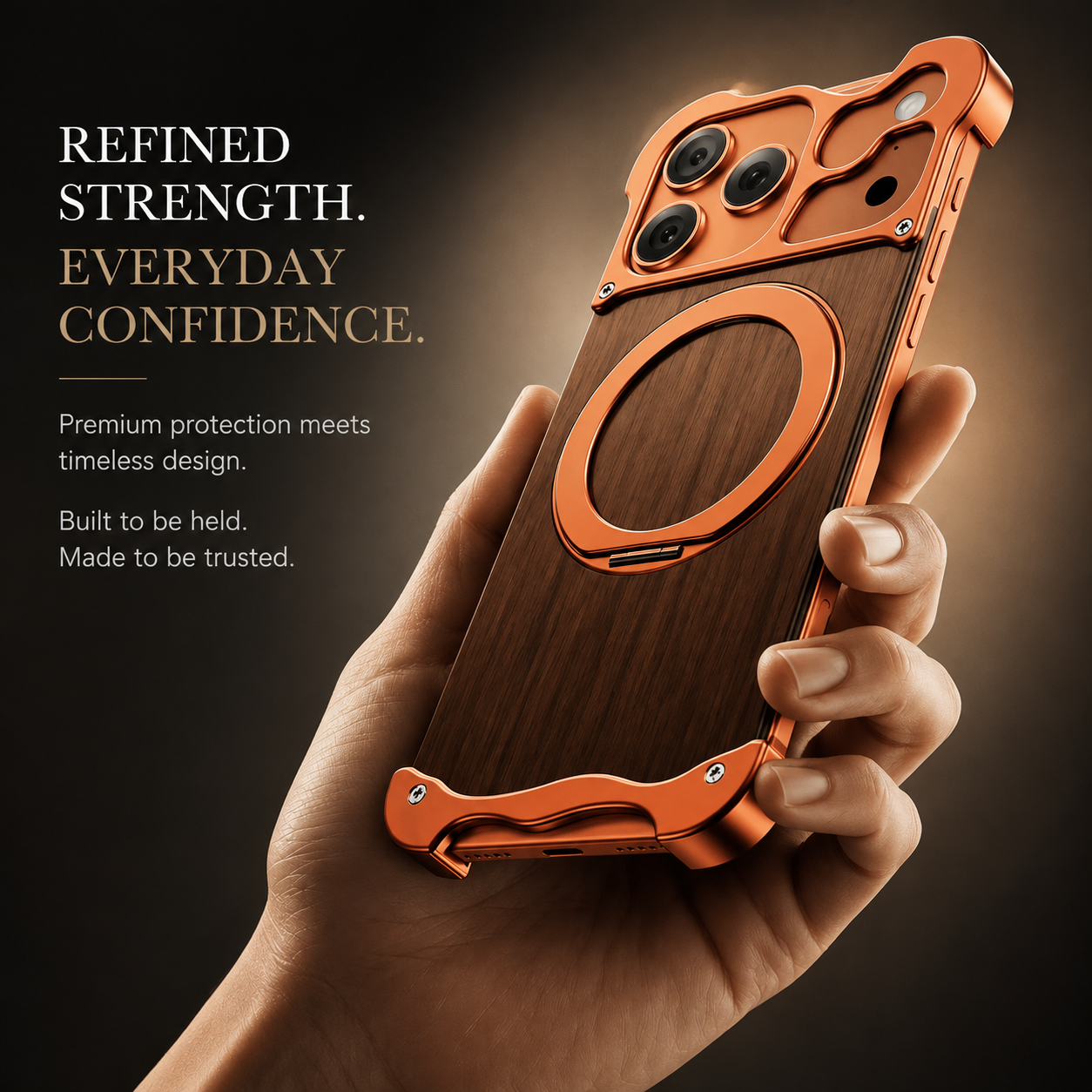 Premium iPhone Case MagSafe Compatible Magnetic Protective Cover Wood Back Aluminum Frame 360° Rotating Ring Stand Shockproof Camera Lens Guard Design