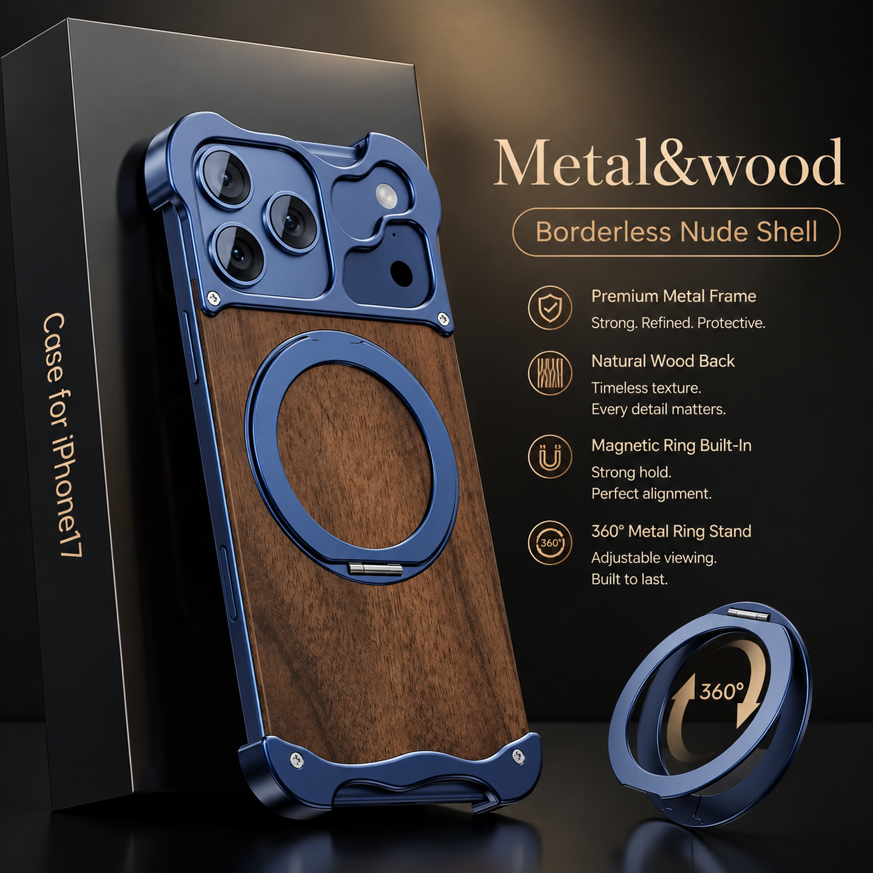 Premium iPhone Case MagSafe Compatible Magnetic Protective Cover Wood Back Aluminum Frame 360° Rotating Ring Stand Shockproof Camera Lens Guard Design