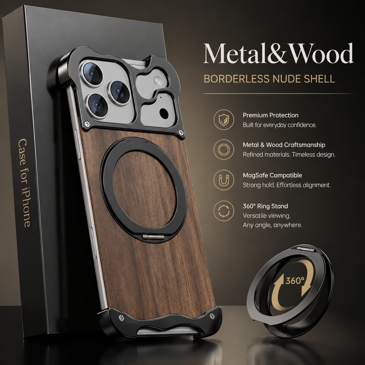 Premium iPhone Case MagSafe Compatible Magnetic Protective Cover Wood Back Aluminum Frame 360° Rotating Ring Stand Shockproof Camera Lens Guard Design