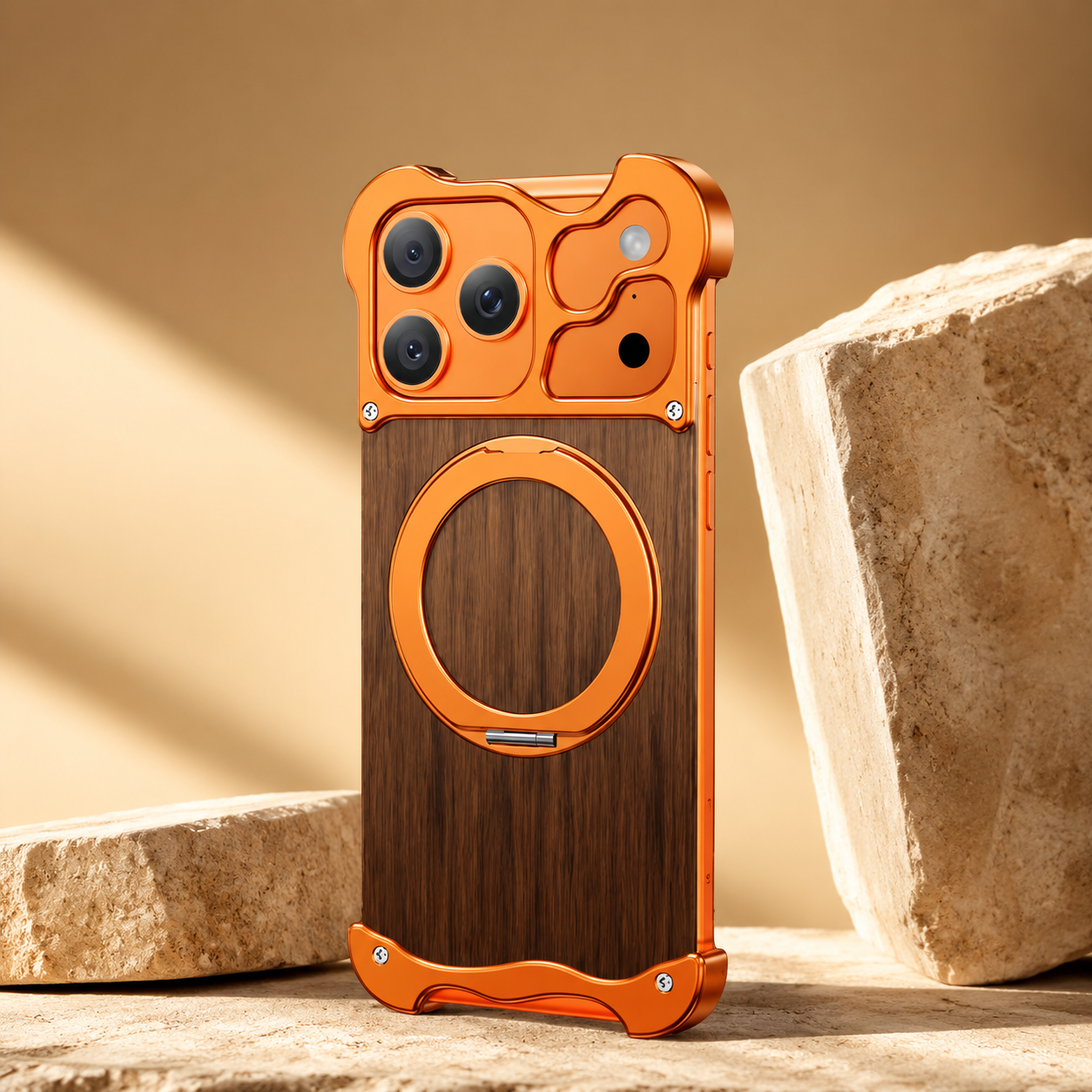 Premium iPhone Case MagSafe Compatible Magnetic Protective Cover Wood Back Aluminum Frame 360° Rotating Ring Stand Shockproof Camera Lens Guard Design