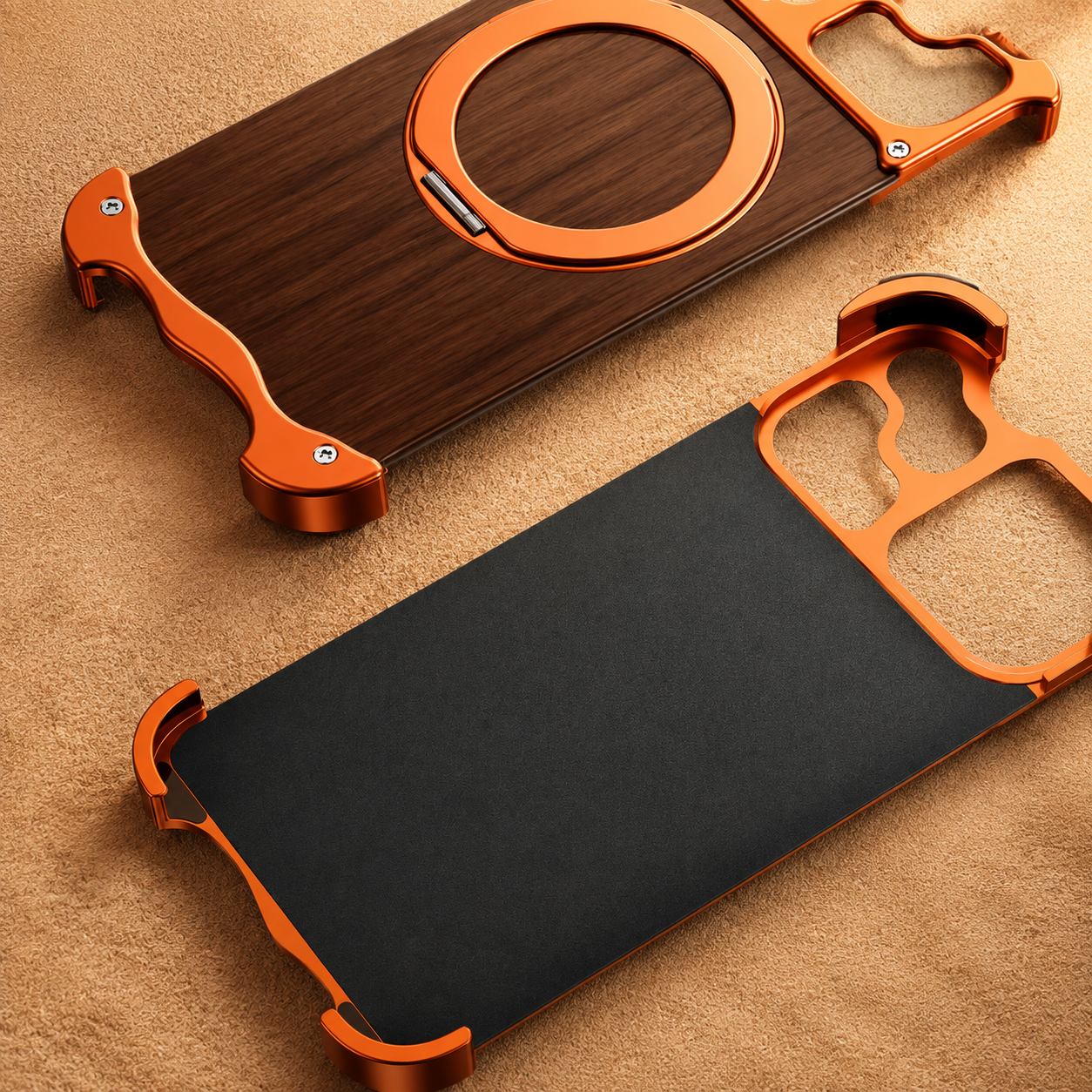 Premium iPhone Case MagSafe Compatible Magnetic Protective Cover Wood Back Aluminum Frame 360° Rotating Ring Stand Shockproof Camera Lens Guard Design