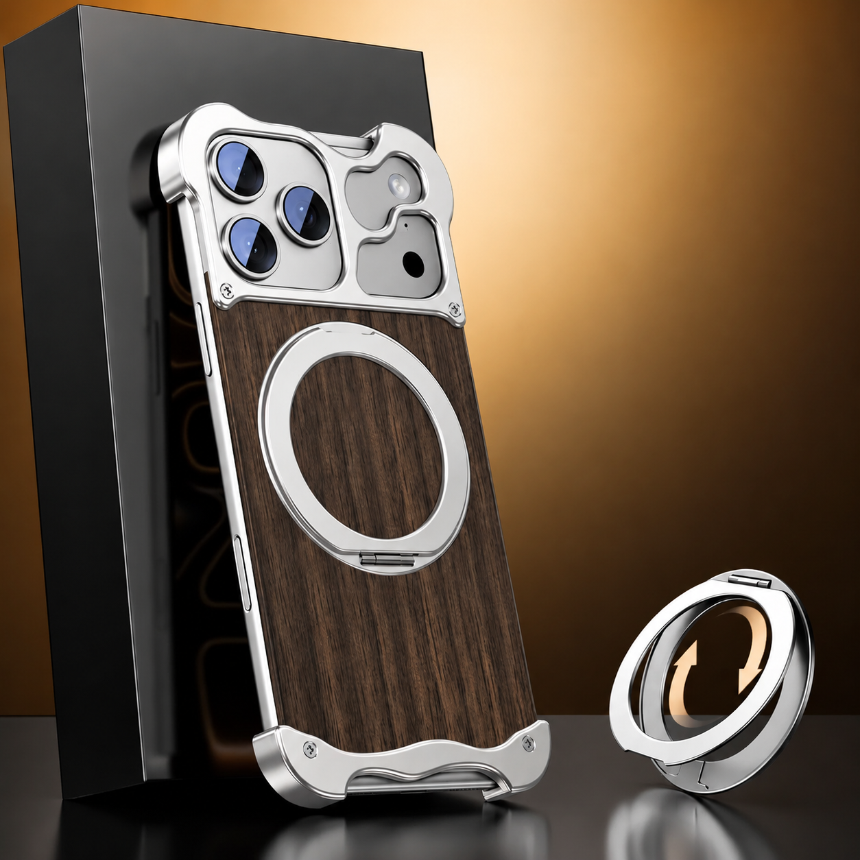 Premium iPhone Case MagSafe Compatible Magnetic Protective Cover Wood Back Aluminum Frame 360° Rotating Ring Stand Shockproof Camera Lens Guard Design
