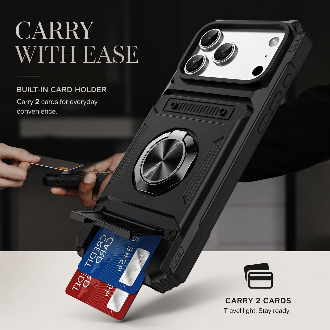 Premium iPhone Case MagSafe Compatible Magnetic Rotating Ring Kickstand Wallet Cover Heavy Duty Shockproof Protective PC Case Card Holder Full Coverage
