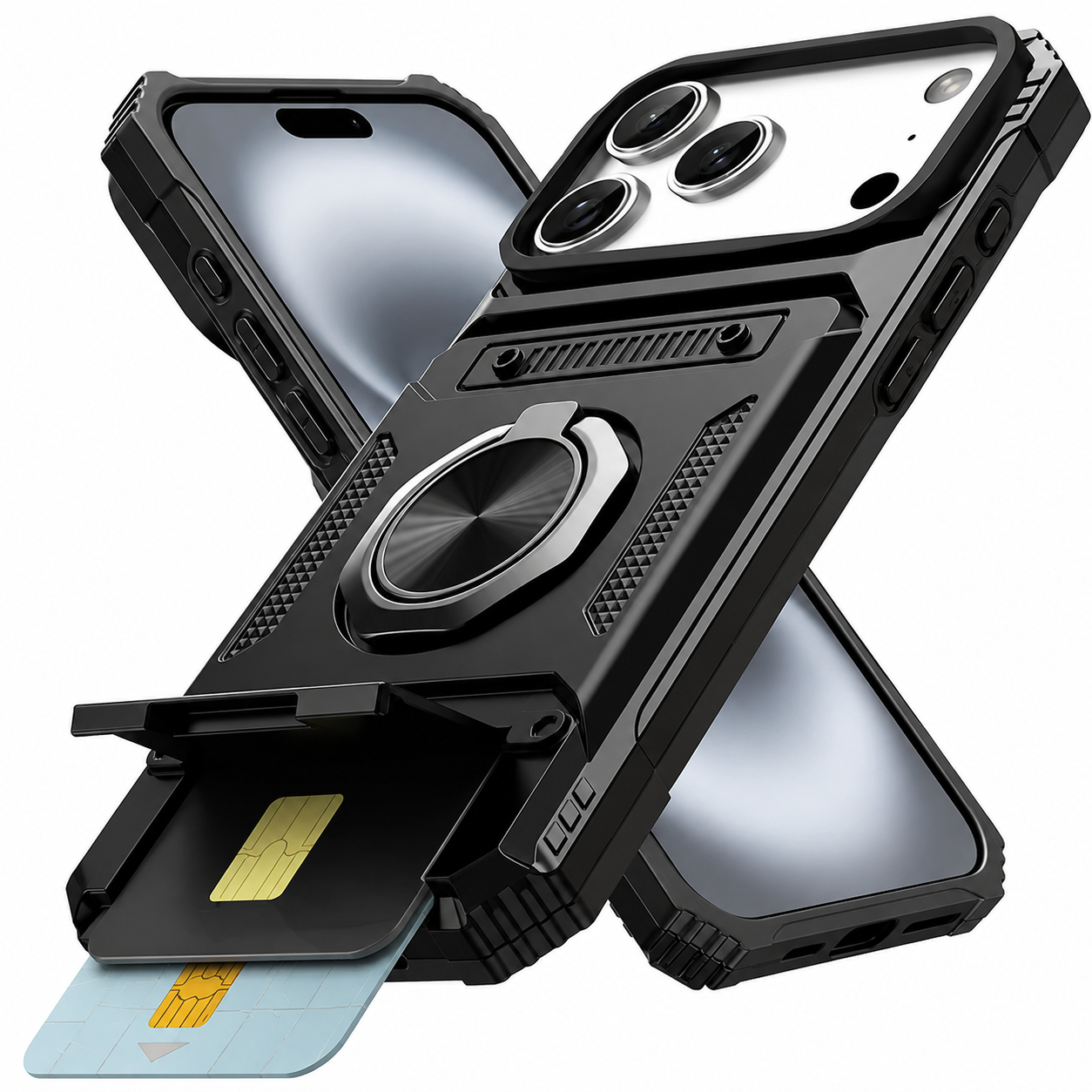 Premium iPhone Case MagSafe Compatible Magnetic Rotating Ring Kickstand Wallet Cover Heavy Duty Shockproof Protective PC Case Card Holder Full Coverage