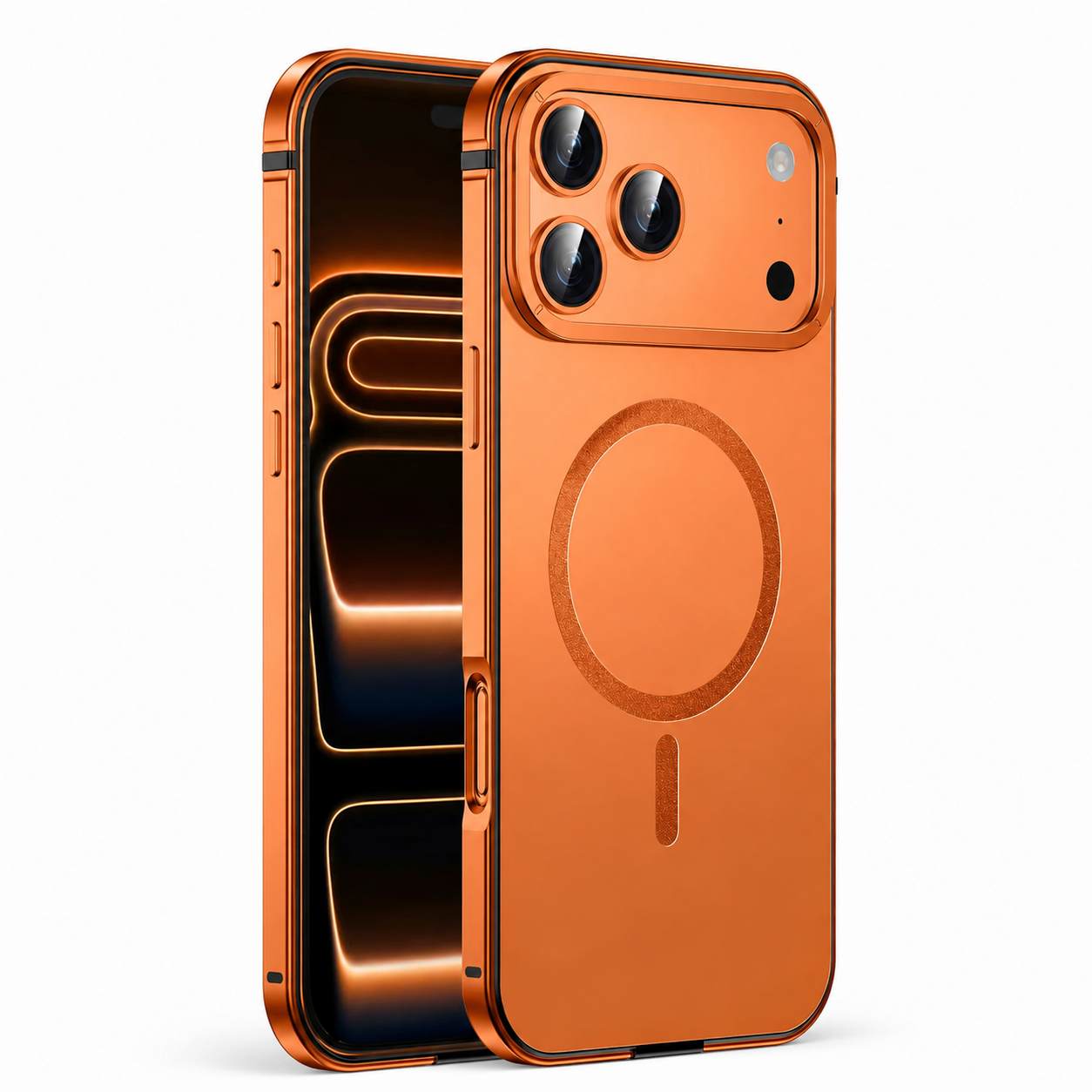 Premium iPhone Case MagSafe Compatible Orange Aluminum Alloy Cover Magnetic Glass Camera Protection Shockproof Matte Anti Scratch Lightweight Design