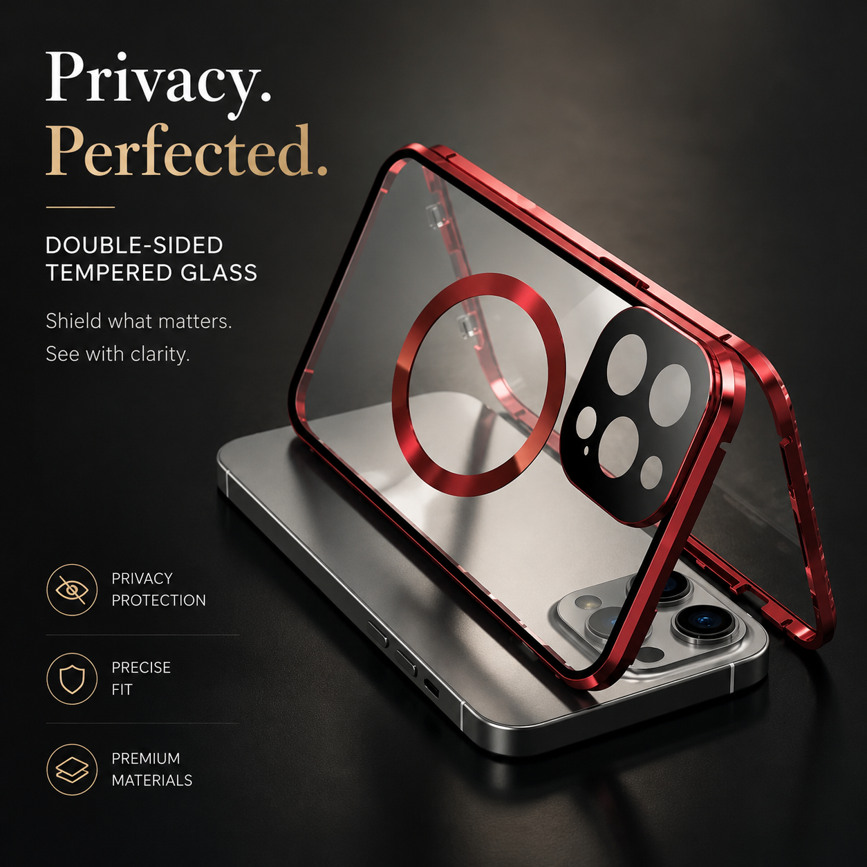 Premium iPhone Case MagSafe Compatible Privacy Tempered Glass Metal Frame Cover Shockproof Full Coverage Anti Scratch Non Slip Protective Slim Design