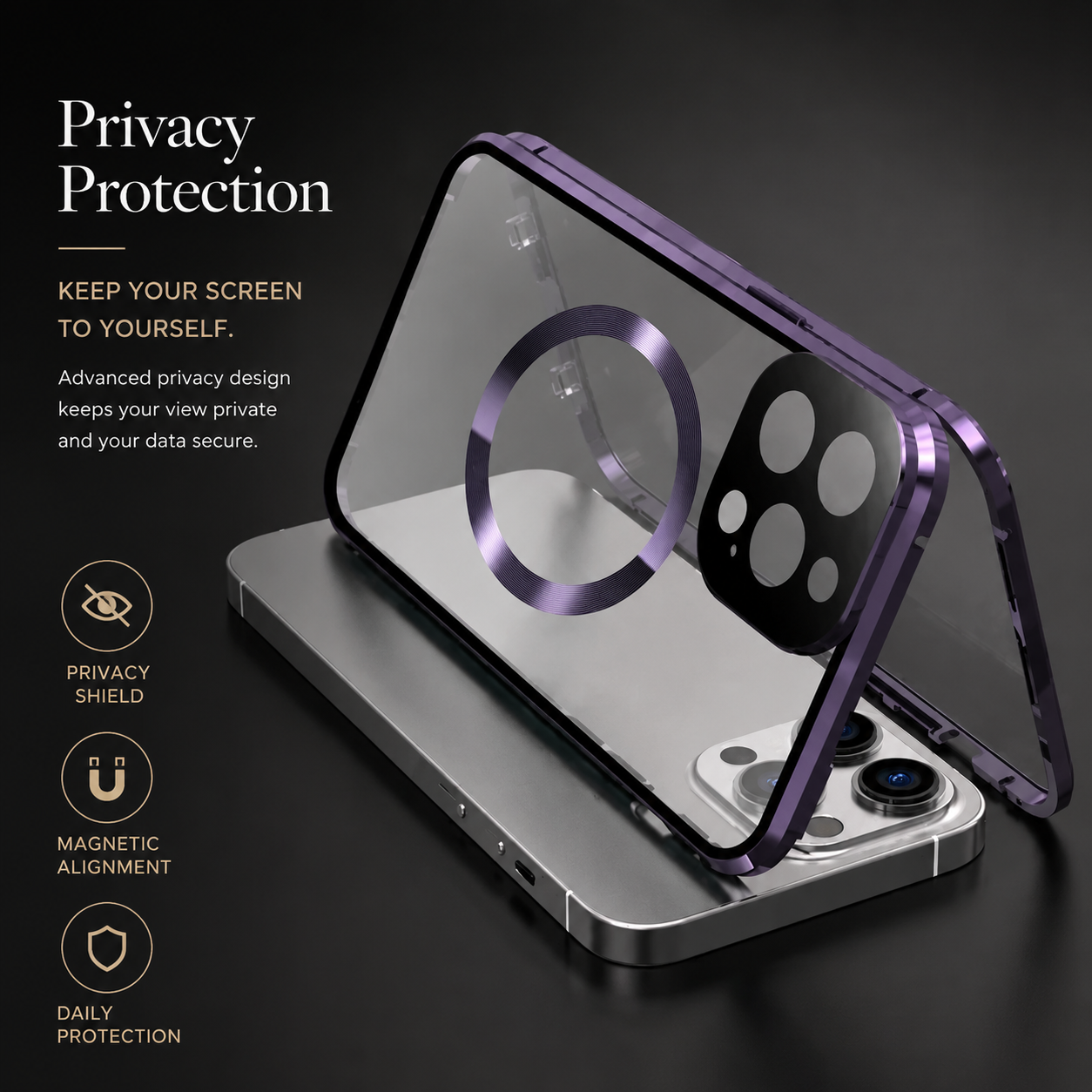Premium iPhone Case MagSafe Compatible Privacy Tempered Glass Metal Frame Cover Shockproof Full Coverage Anti Scratch Non Slip Protective Slim Design