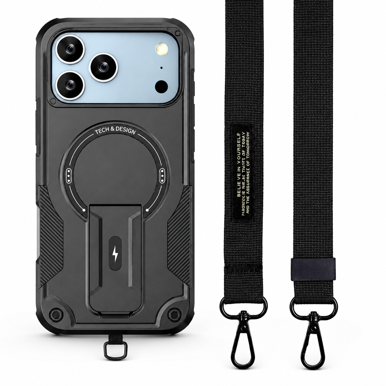 Premium iPhone Case MagSafe Compatible Rugged Shockproof Protective Cover Kickstand Adjustable Lanyard Strap Dual Layer Camera Lens Protection Full Coverag