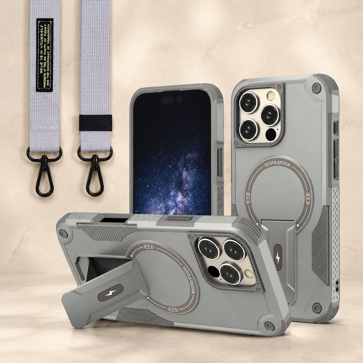 Premium iPhone Case MagSafe Compatible Rugged Shockproof Protective Cover Kickstand Adjustable Lanyard Strap Dual Layer Camera Lens Protection Full Coverag