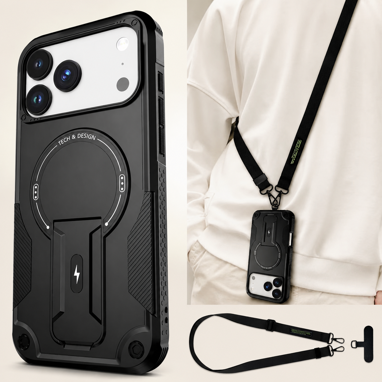 Premium iPhone Case MagSafe Compatible Rugged Shockproof Protective Cover Kickstand Adjustable Lanyard Strap Dual Layer Camera Lens Protection Full Coverag