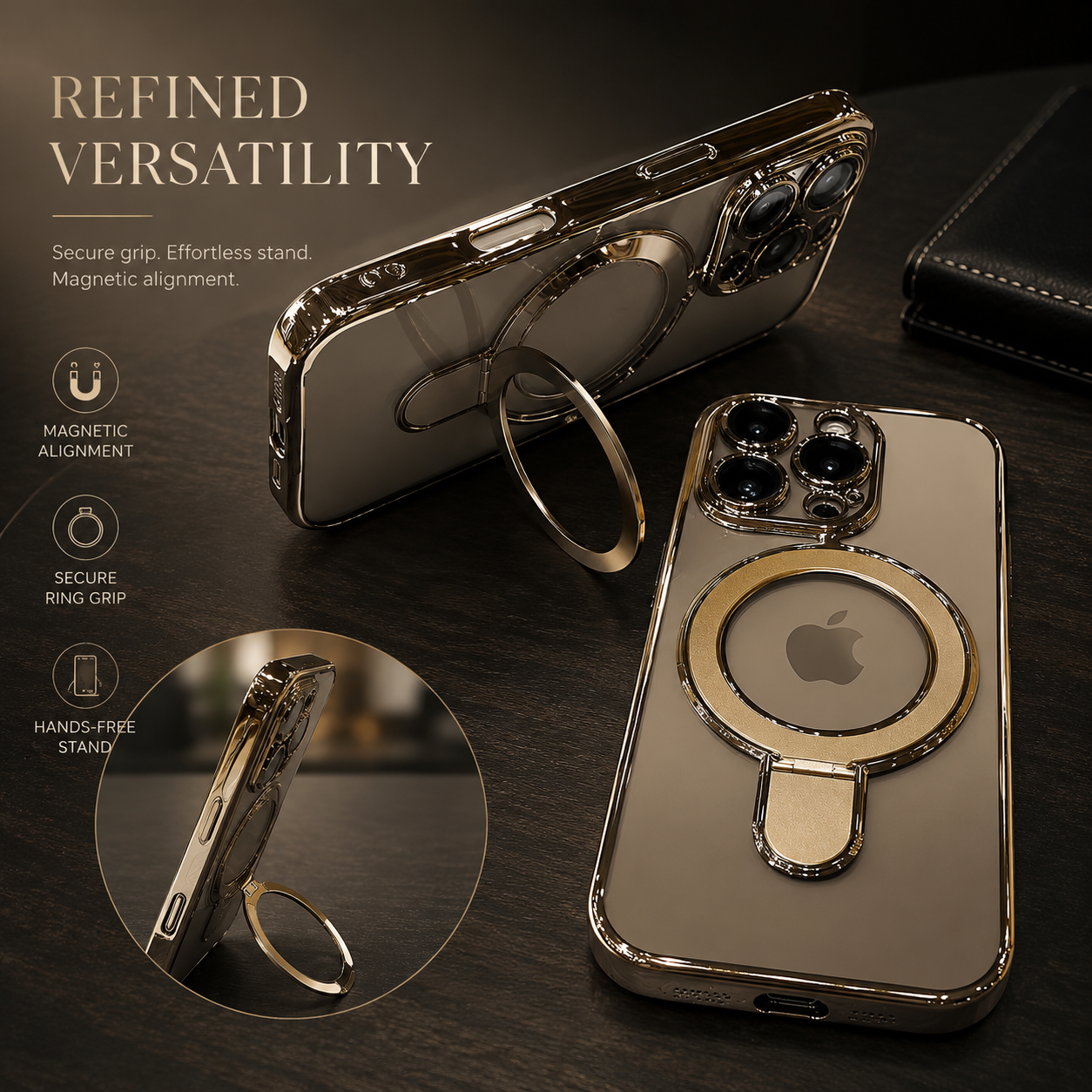 Premium iPhone Case MagSafe Compatible Transparent Acrylic Plating Cover Stand Holder Shockproof PC Bumper Magnetic Wireless Charging Slim Design