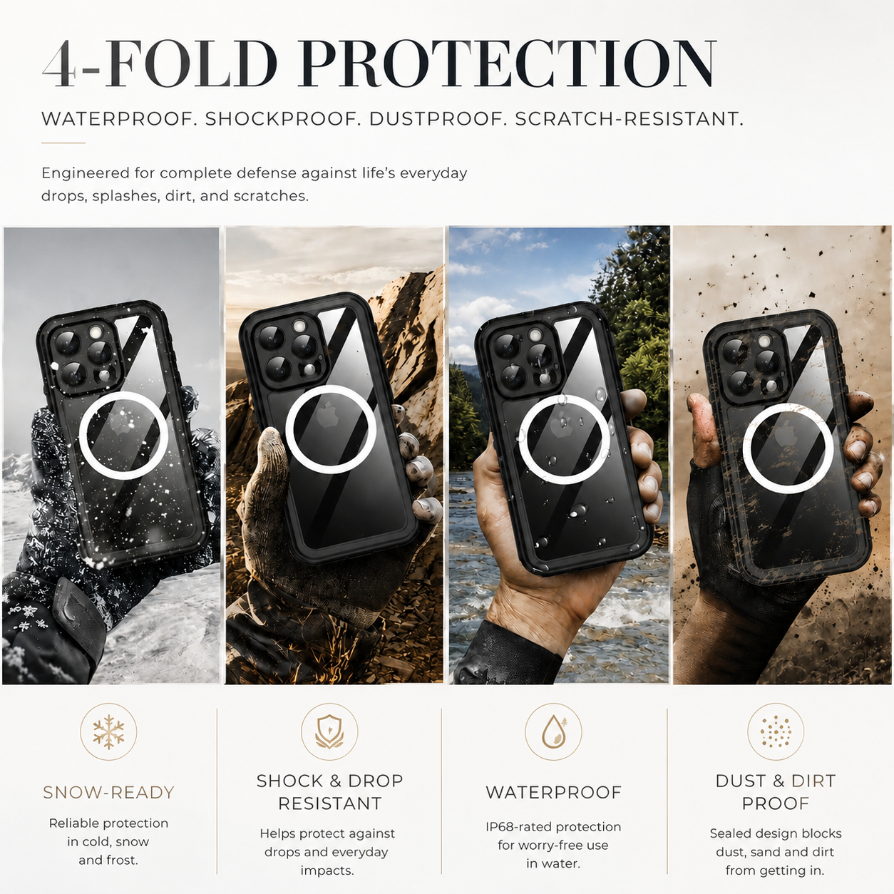 Premium iPhone Case MagSafe Compatible Waterproof IP68 Protective Cover 360 Full Body Shockproof Rugged Anti Scratch Dustproof Camera Protection Design