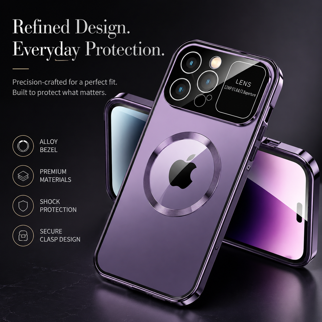 Premium iPhone Case MagSafe Double Glass Magnetic Shockproof Full Protection Cover Aluminum Frame Camera Lens Shield Clear Window Design