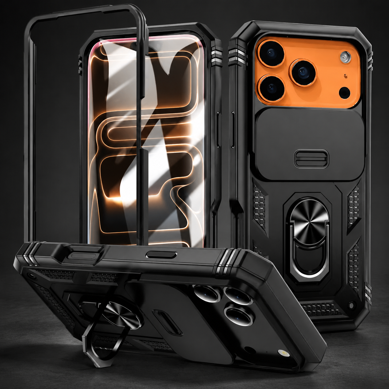 Premium iPhone Case Magnetic Armor Shockproof Protective Cover 360 Degree Rotating Ring Holder Camera Lens Protection Anti Scratch Full Coverage