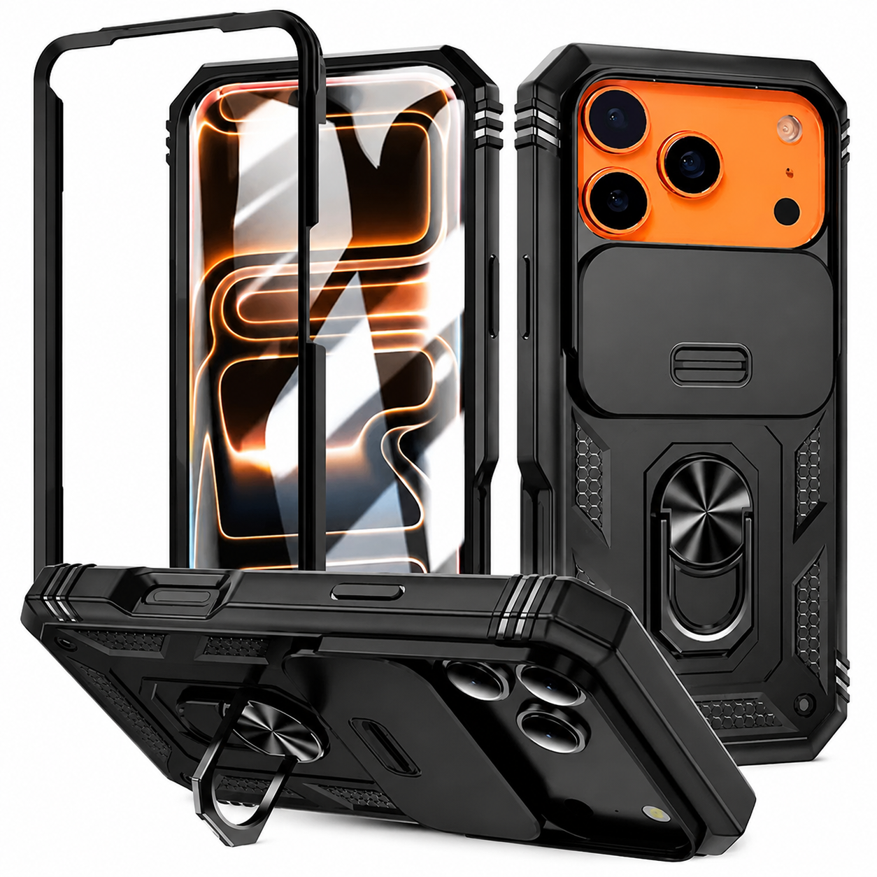 Premium iPhone Case Magnetic Armor Shockproof Protective Cover 360 Degree Rotating Ring Holder Camera Lens Protection Anti Scratch Full Coverage