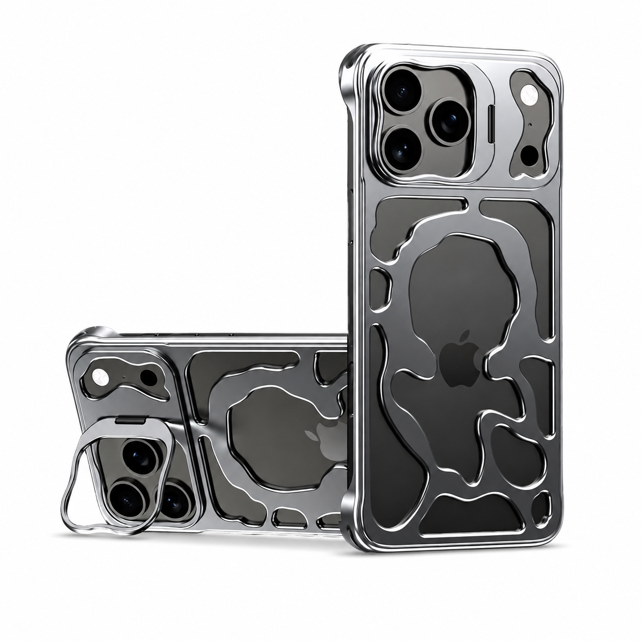 Premium iPhone Case Magnetic Hollow Metal Cover with Heat Dissipation Stand Bracket Shockproof Scratch Resistant Open Frame Lightweight Protective Design