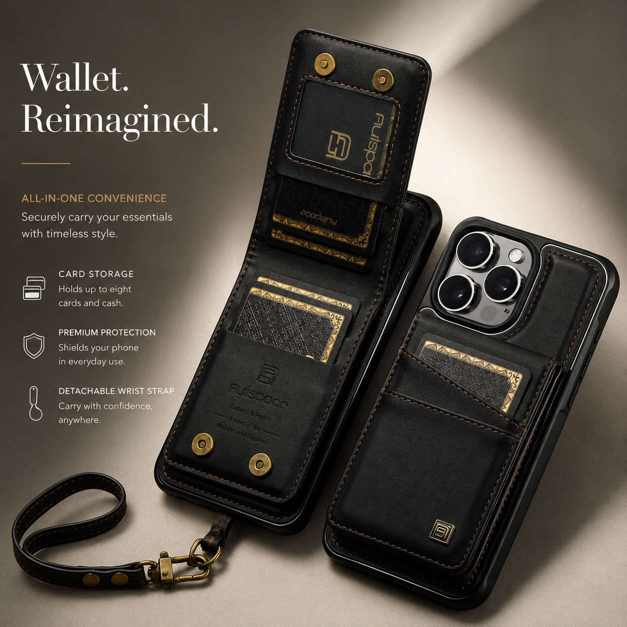 Premium iPhone Case Magnetic Wallet Cover PU Leather Detachable Flip Case Card Holder Wrist Strap Shockproof Protective Cover Slim Design
