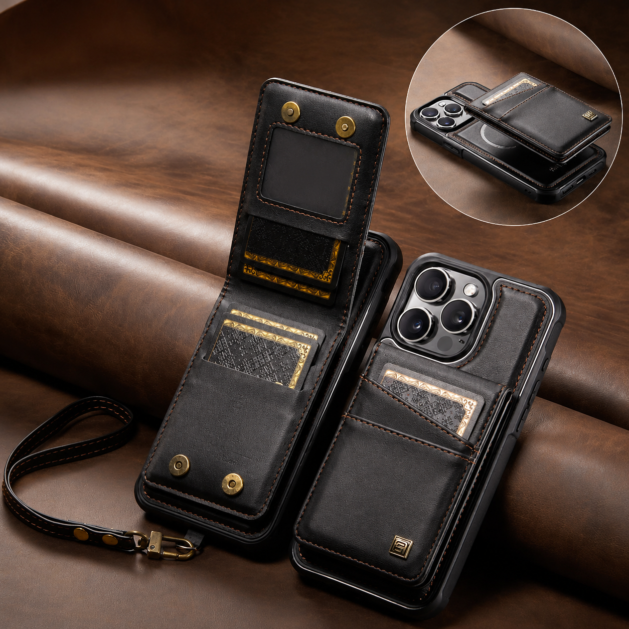 Premium iPhone Case Magnetic Wallet Cover PU Leather Detachable Flip Case Card Holder Wrist Strap Shockproof Protective Cover Slim Design