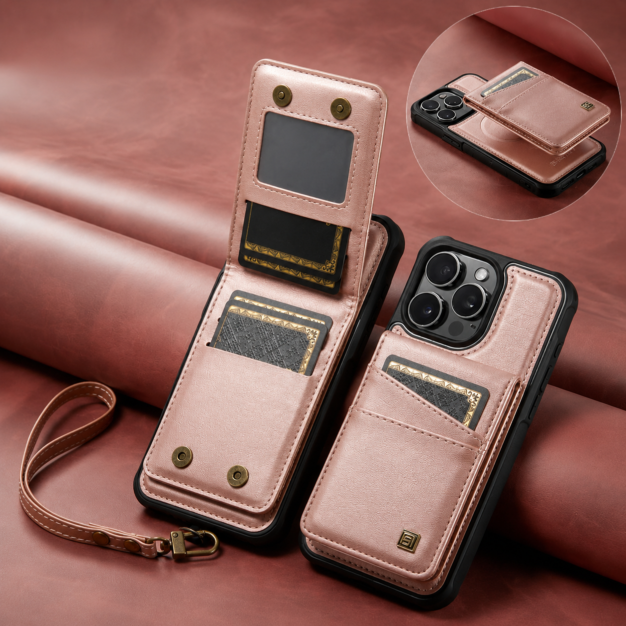 Premium iPhone Case Magnetic Wallet Cover PU Leather Detachable Flip Case Card Holder Wrist Strap Shockproof Protective Cover Slim Design