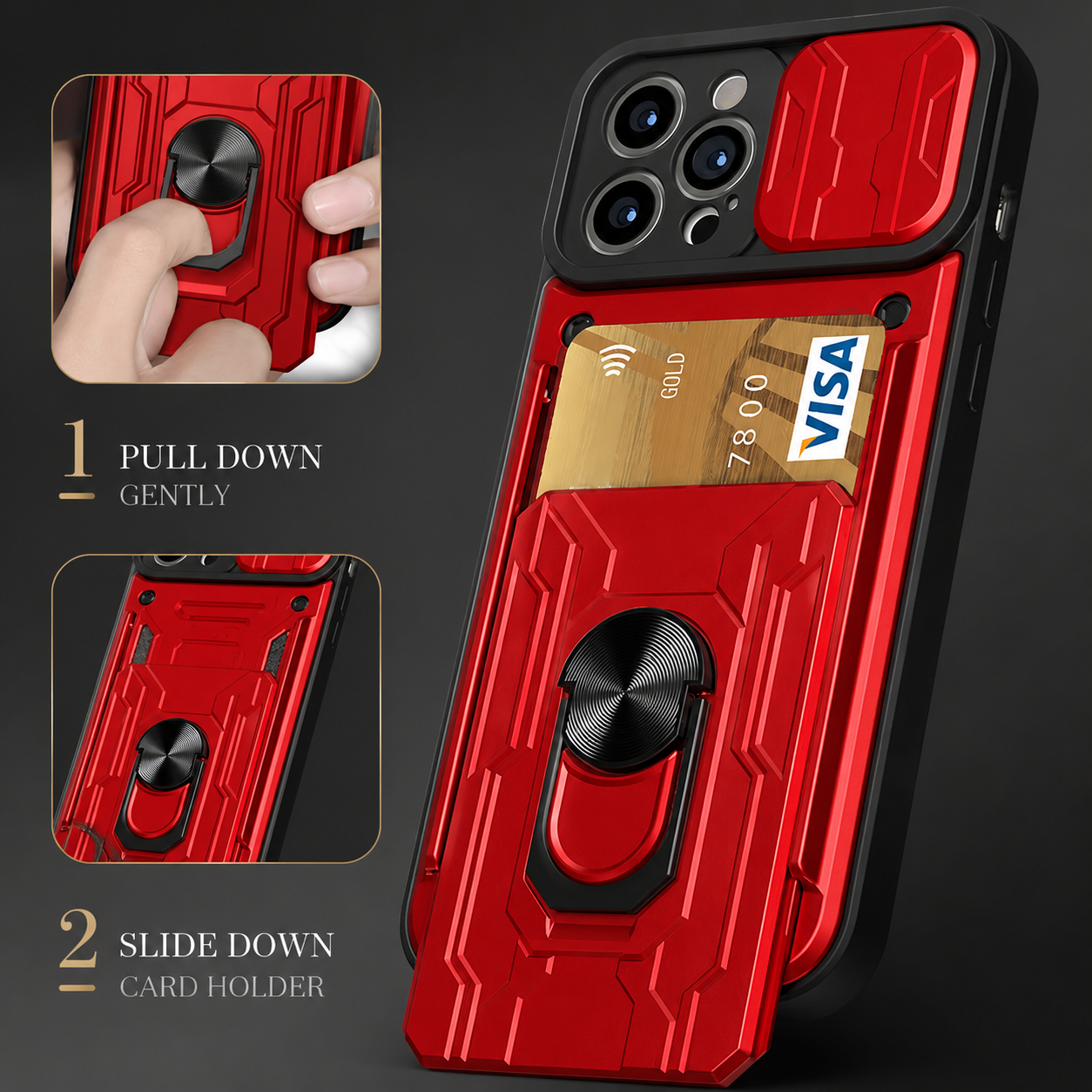 Premium iPhone Case Military Grade Magnetic Armor Cover Slide Camera Protector Card Slot 360° Ring Stand Shockproof MagSafe Protective Case
