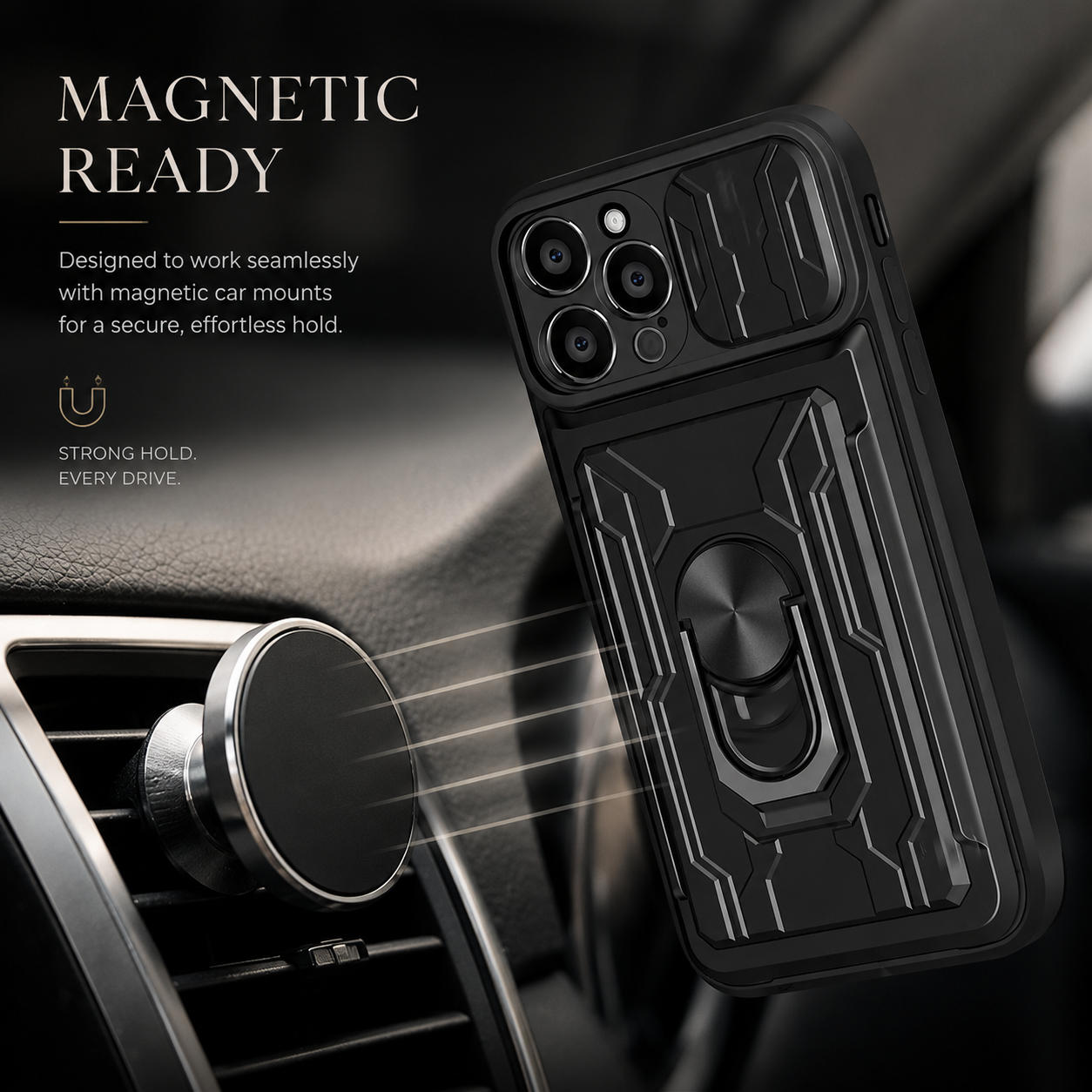 Premium iPhone Case Military Grade Magnetic Armor Cover Slide Camera Protector Card Slot 360° Ring Stand Shockproof MagSafe Protective Case