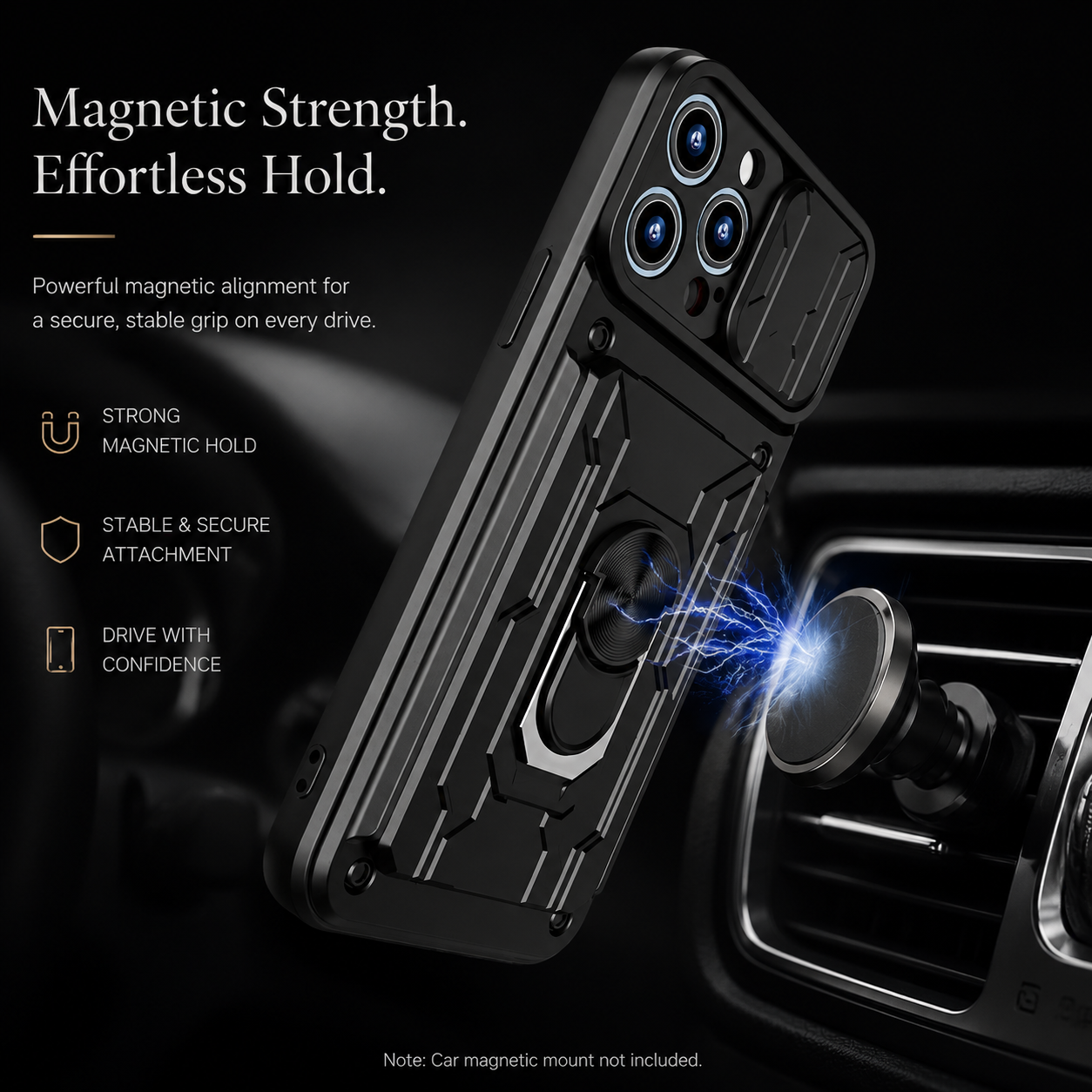Premium iPhone Case Military Grade Magnetic Armor Cover Slide Camera Protector Card Slot 360° Ring Stand Shockproof MagSafe Protective Case
