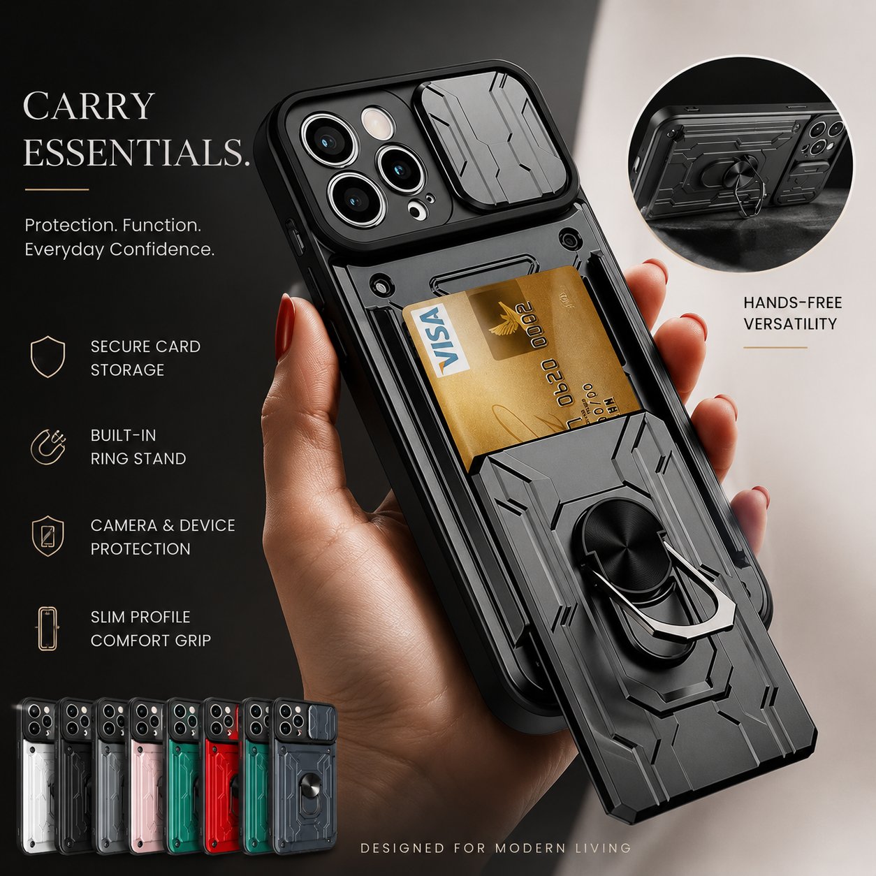 Premium iPhone Case Military Grade Magnetic Armor Cover Slide Camera Protector Card Slot 360° Ring Stand Shockproof MagSafe Protective Case
