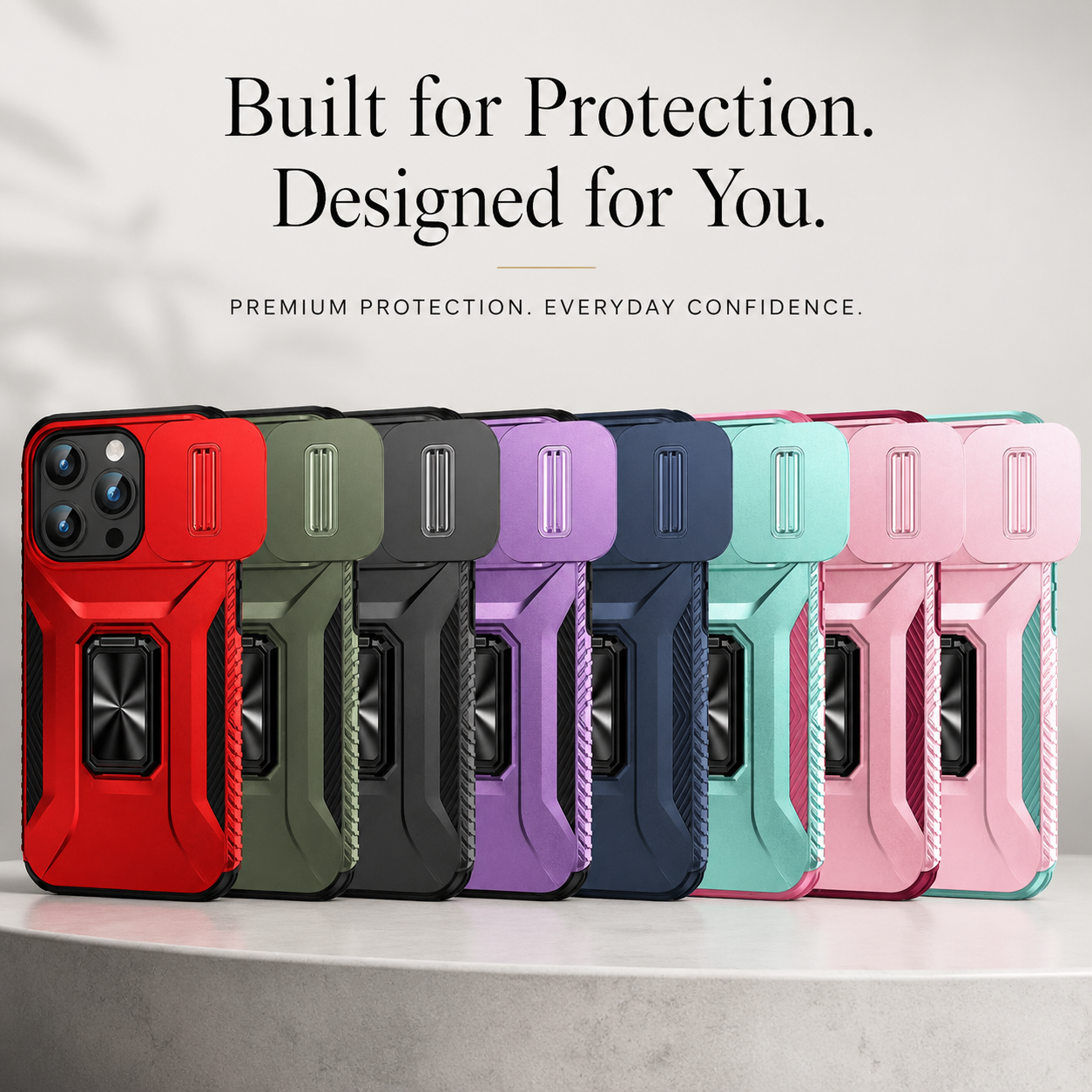 Premium iPhone Case Military Grade Shockproof Protective Cover Sliding Camera Lens Guard Rotary Stand Anti Slip Grip Full Coverage