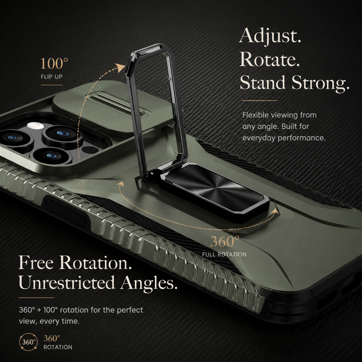 Premium iPhone Case Military Grade Shockproof Protective Cover Sliding Camera Lens Guard Rotary Stand Anti Slip Grip Full Coverage