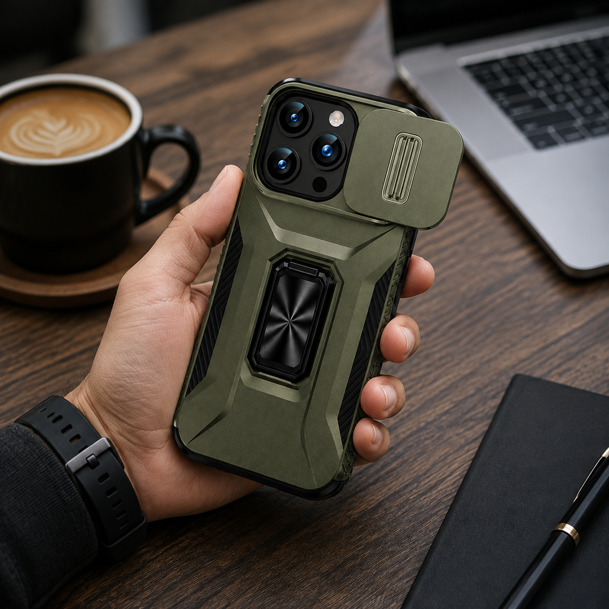 Premium iPhone Case Military Grade Shockproof Protective Cover Sliding Camera Lens Guard Rotary Stand Anti Slip Grip Full Coverage