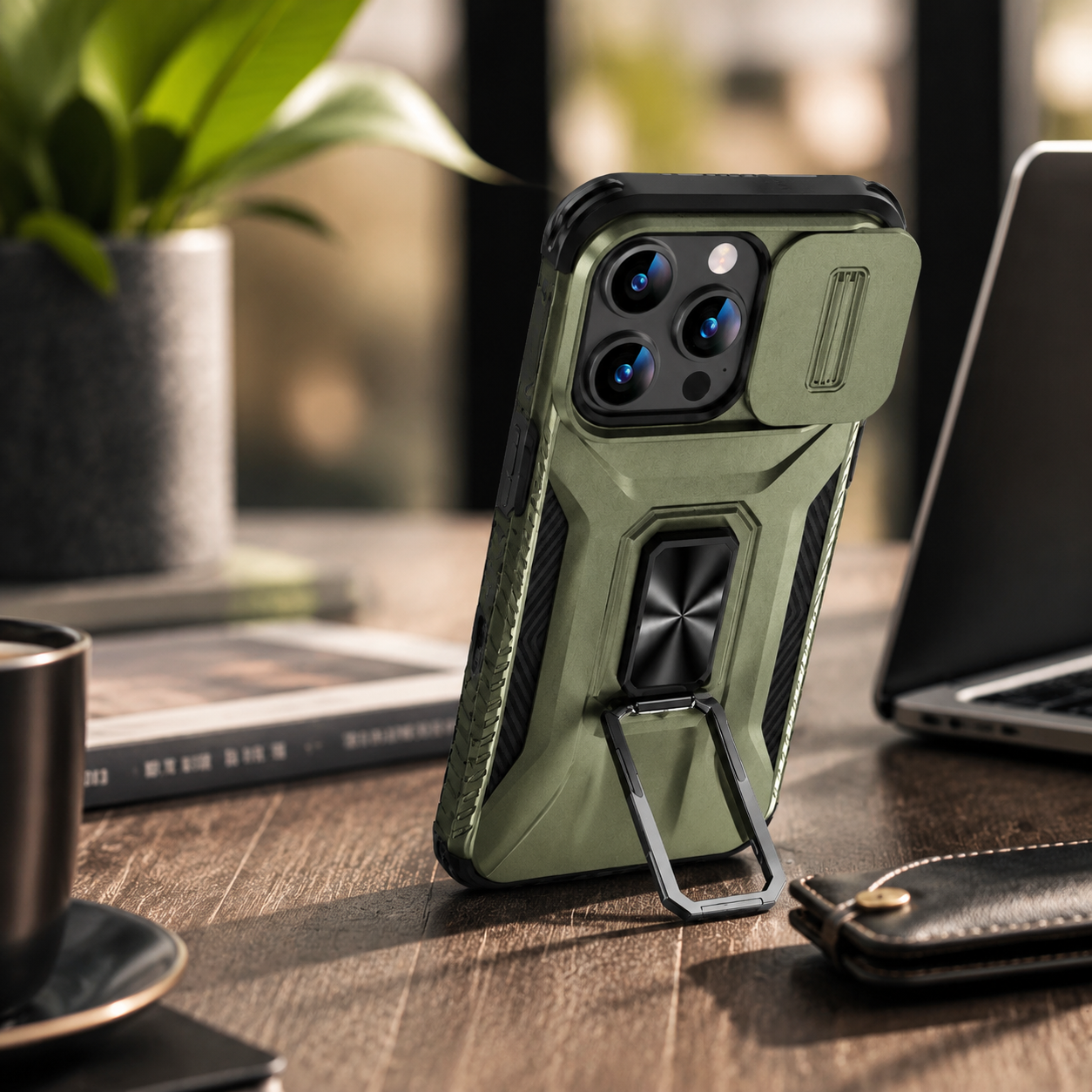 Premium iPhone Case Military Grade Shockproof Protective Cover Sliding Camera Lens Guard Rotary Stand Anti Slip Grip Full Coverage