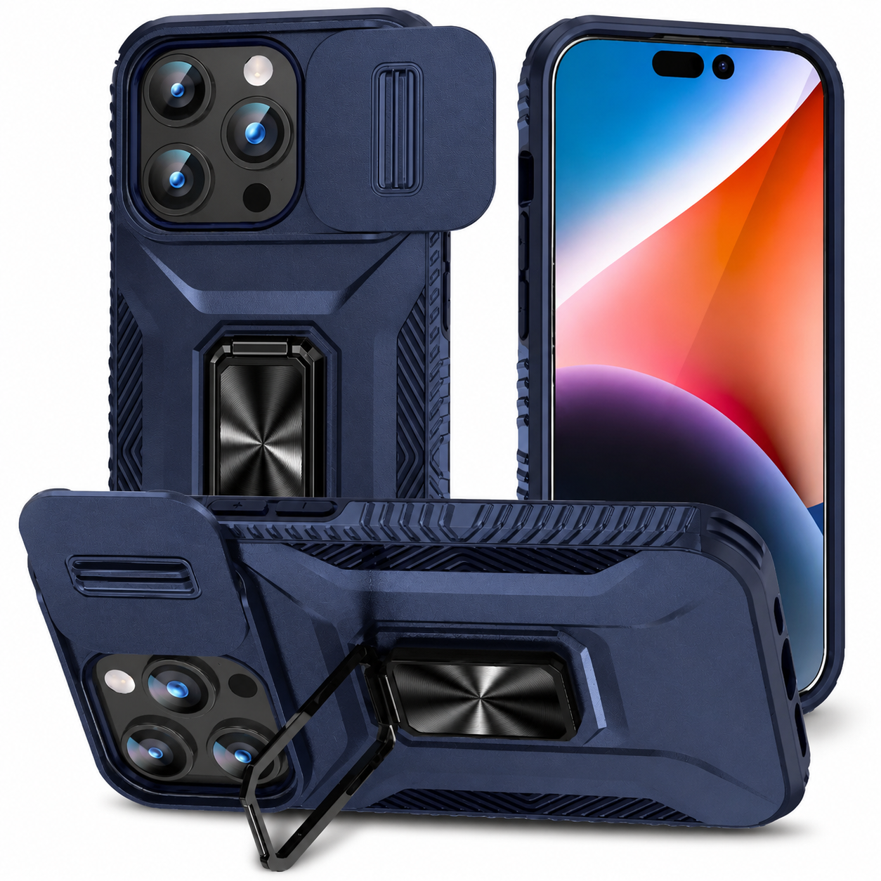 Premium iPhone Case Military Grade Shockproof Protective Cover Sliding Camera Lens Guard Rotary Stand Anti Slip Grip Full Coverage