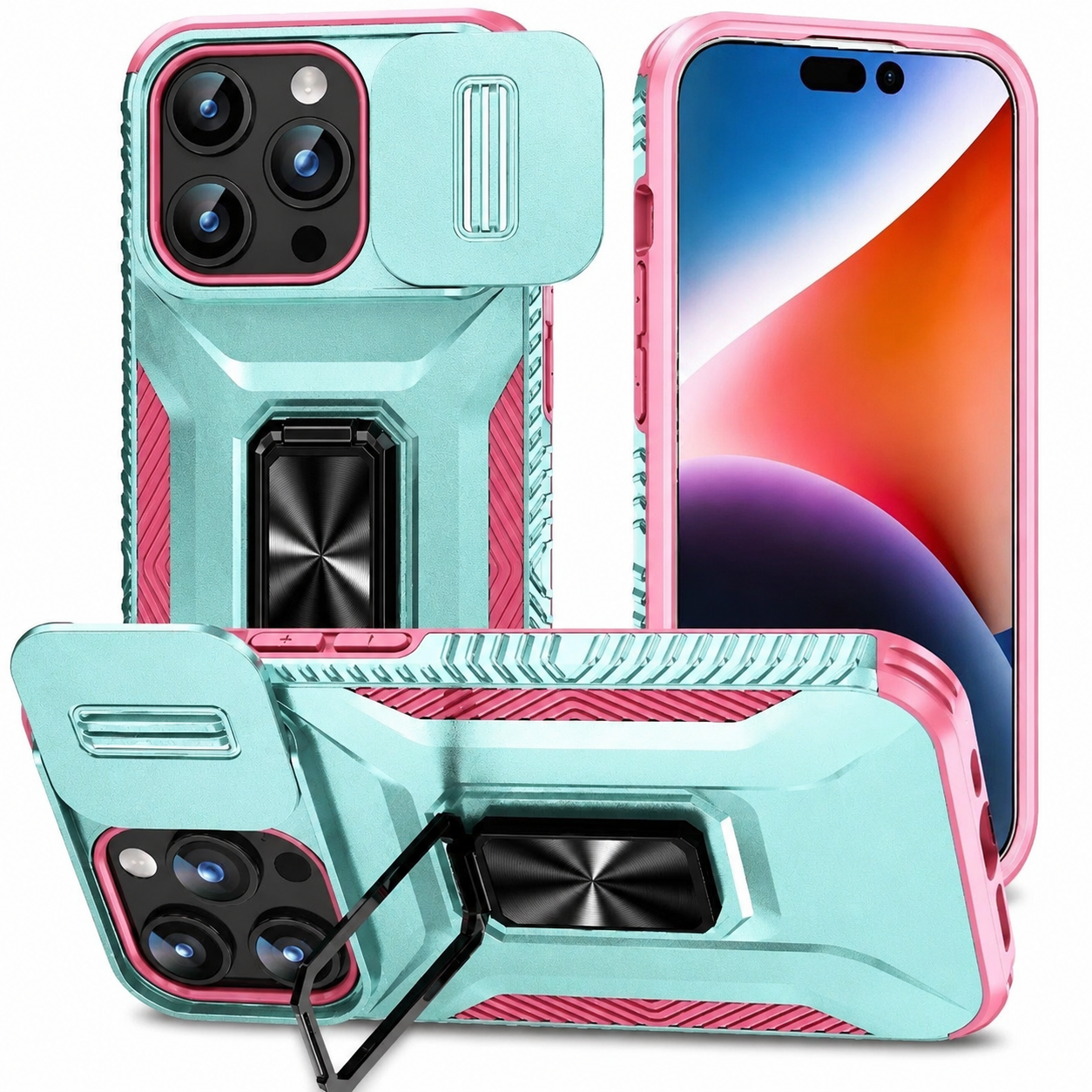 Premium iPhone Case Military Grade Shockproof Protective Cover Sliding Camera Lens Guard Rotary Stand Anti Slip Grip Full Coverage