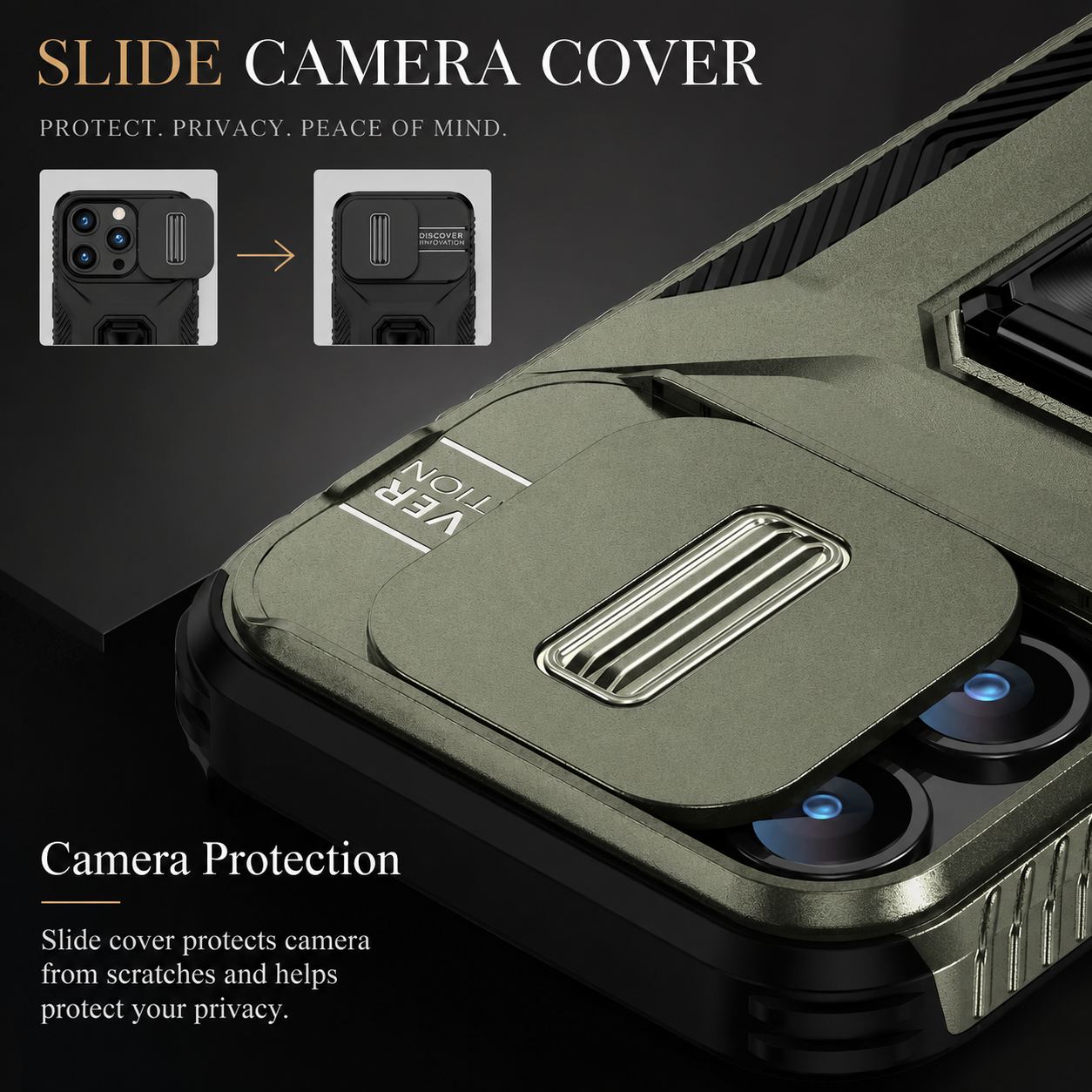 Premium iPhone Case Military Grade Shockproof Protective Cover Sliding Camera Lens Guard Rotary Stand Anti Slip Grip Full Coverage